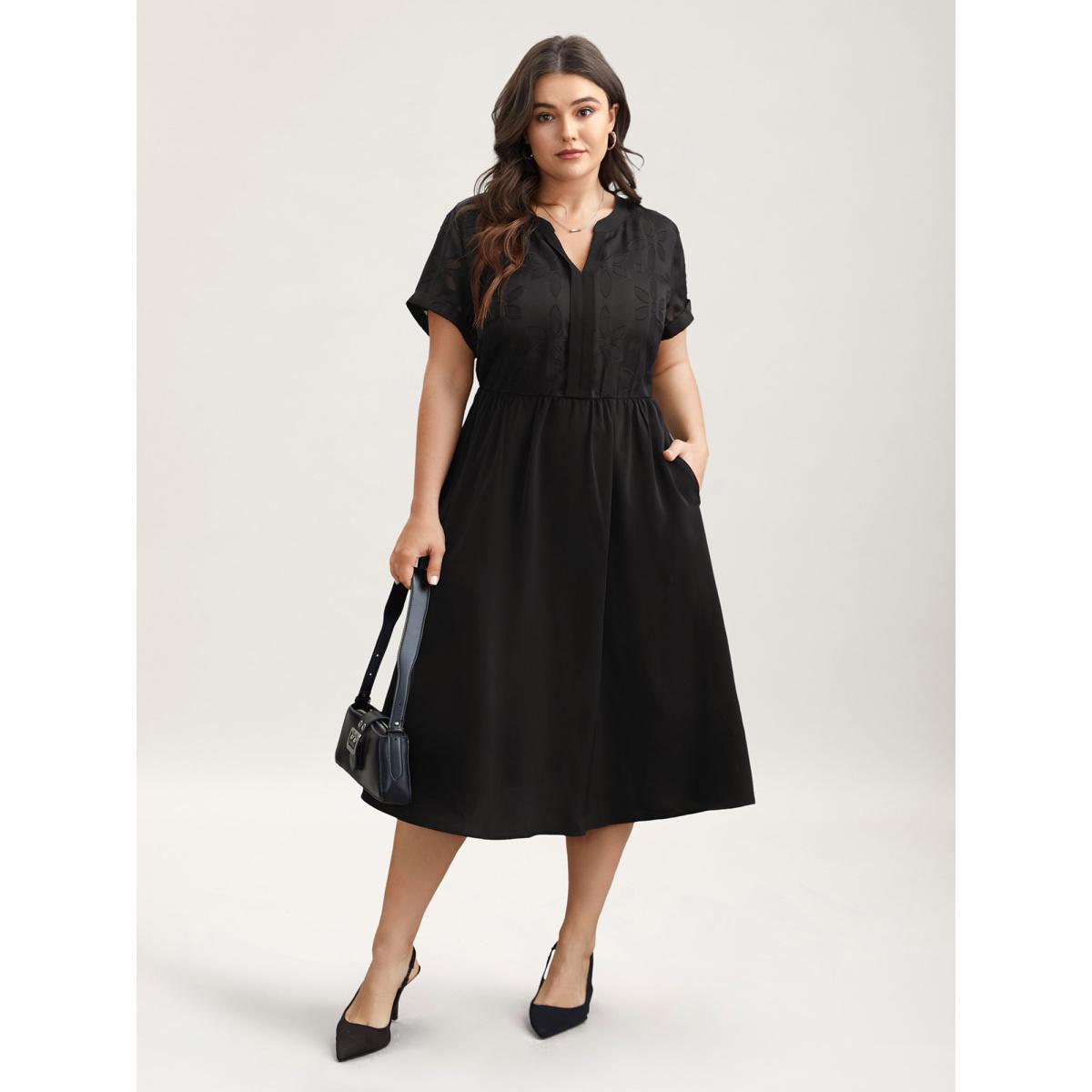 Plus Size Sheer Back Textured Cut-Out Midi Dress Black Women Office Texture Notched collar Short sleeve Curvy BloomChic 14-16/1X Product Image