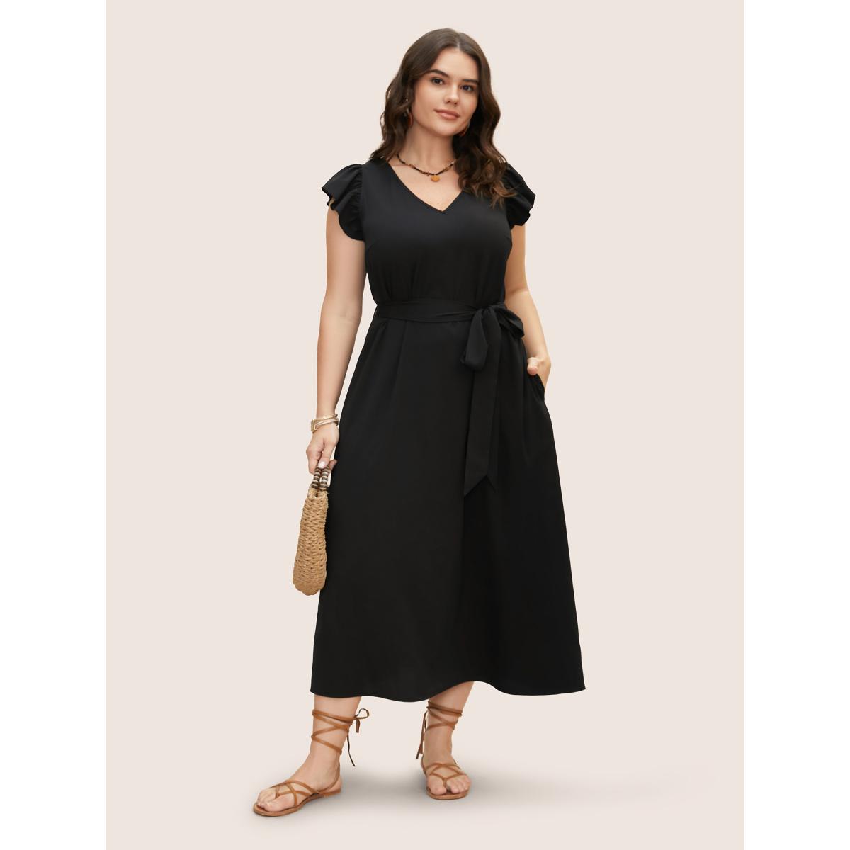 Plus Size Solid Backless Tassel Trim Tie Knot Dress Black Women Resort Tassels V-neck Cap Sleeve Curvy BloomChic 18-20/2X Product Image