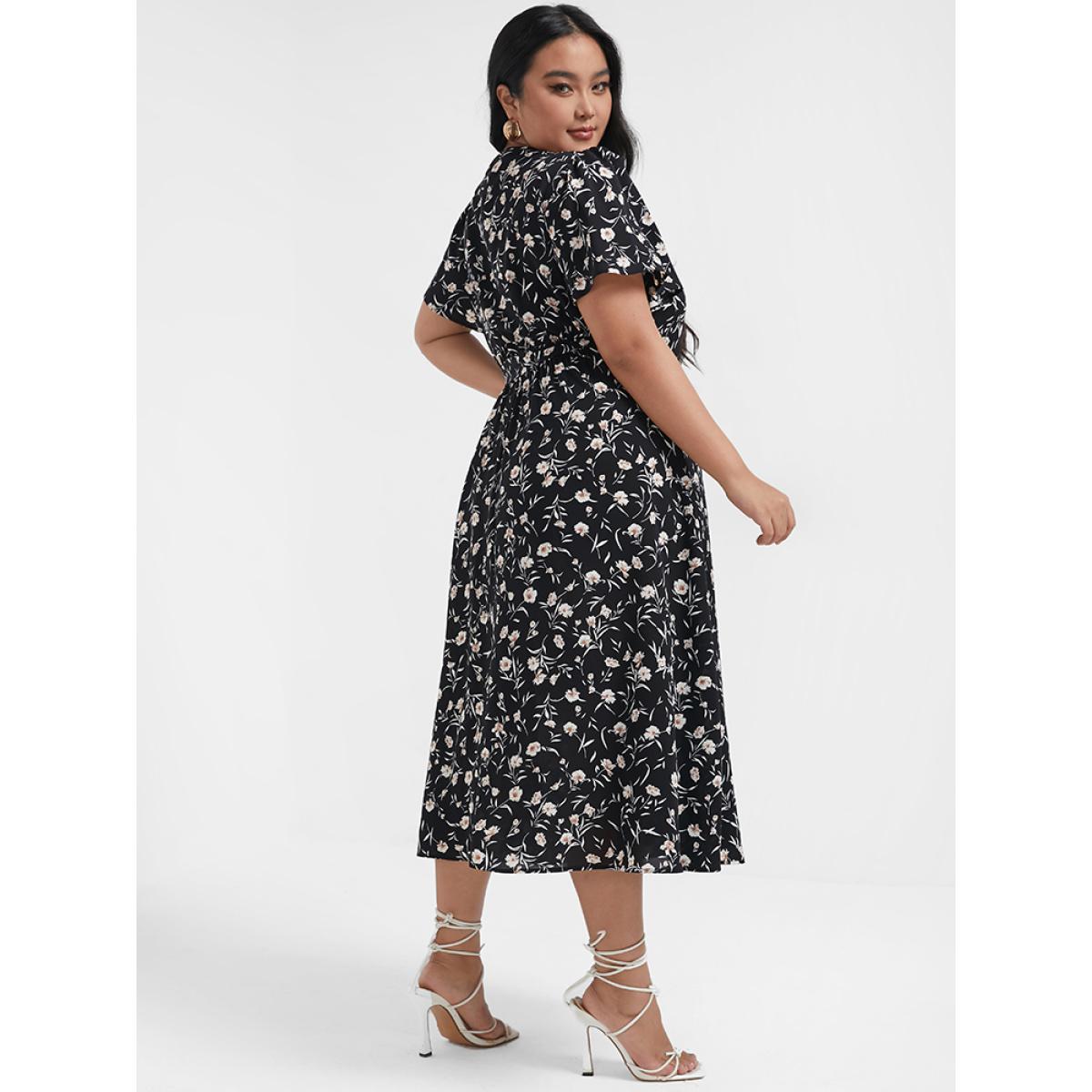 Plus Size Floral V Neck Ties Ruffled Split Midi Dress BlackFlower Women Elegant Slit V-neck Short sleeve Curvy Midi Dress BloomChic 26/4X Product Image