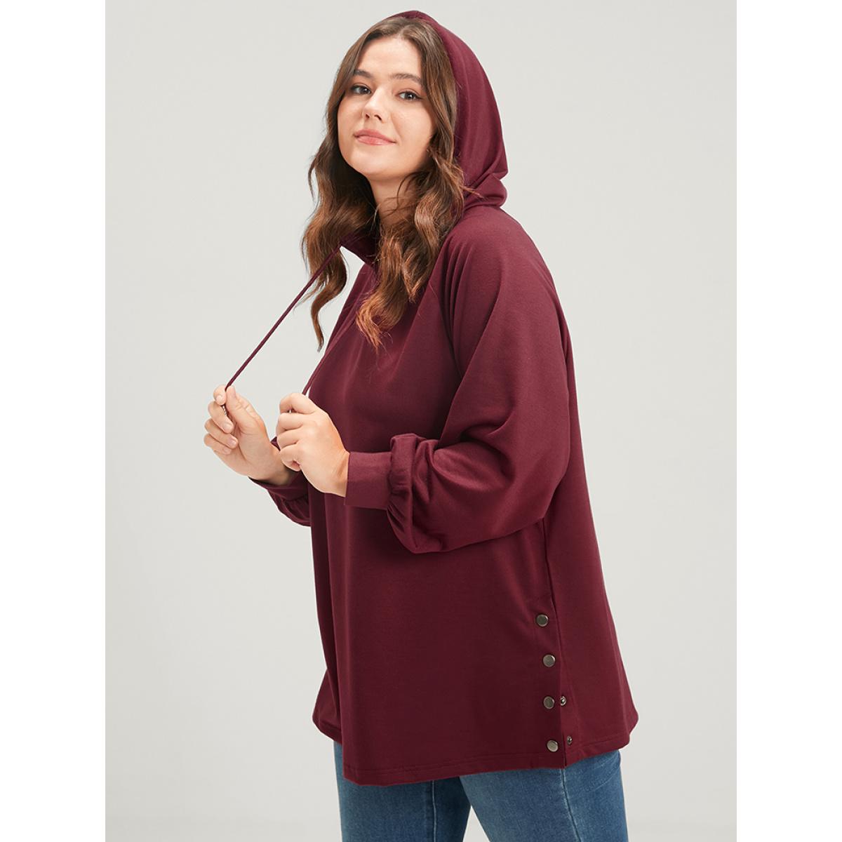 Plus Size Solid Button Side Drop Shoulder Hooded Sweatshirt Women Scarlet Casual Button Hooded Dailywear Sweatshirts BloomChic 18-20/2X Product Image