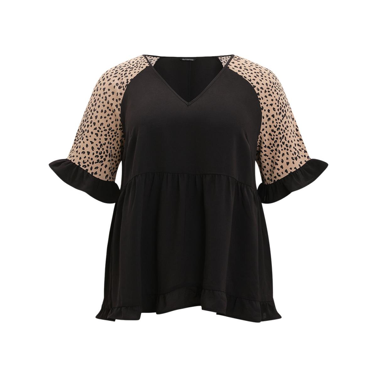 Plus Size Multicolor Leopard Print Raglan Sleeve Gathered Ruffle Trim Blouse Women Elegant Half Sleeve V-neck Dailywear Blouses BloomChic 18-20/2X Product Image