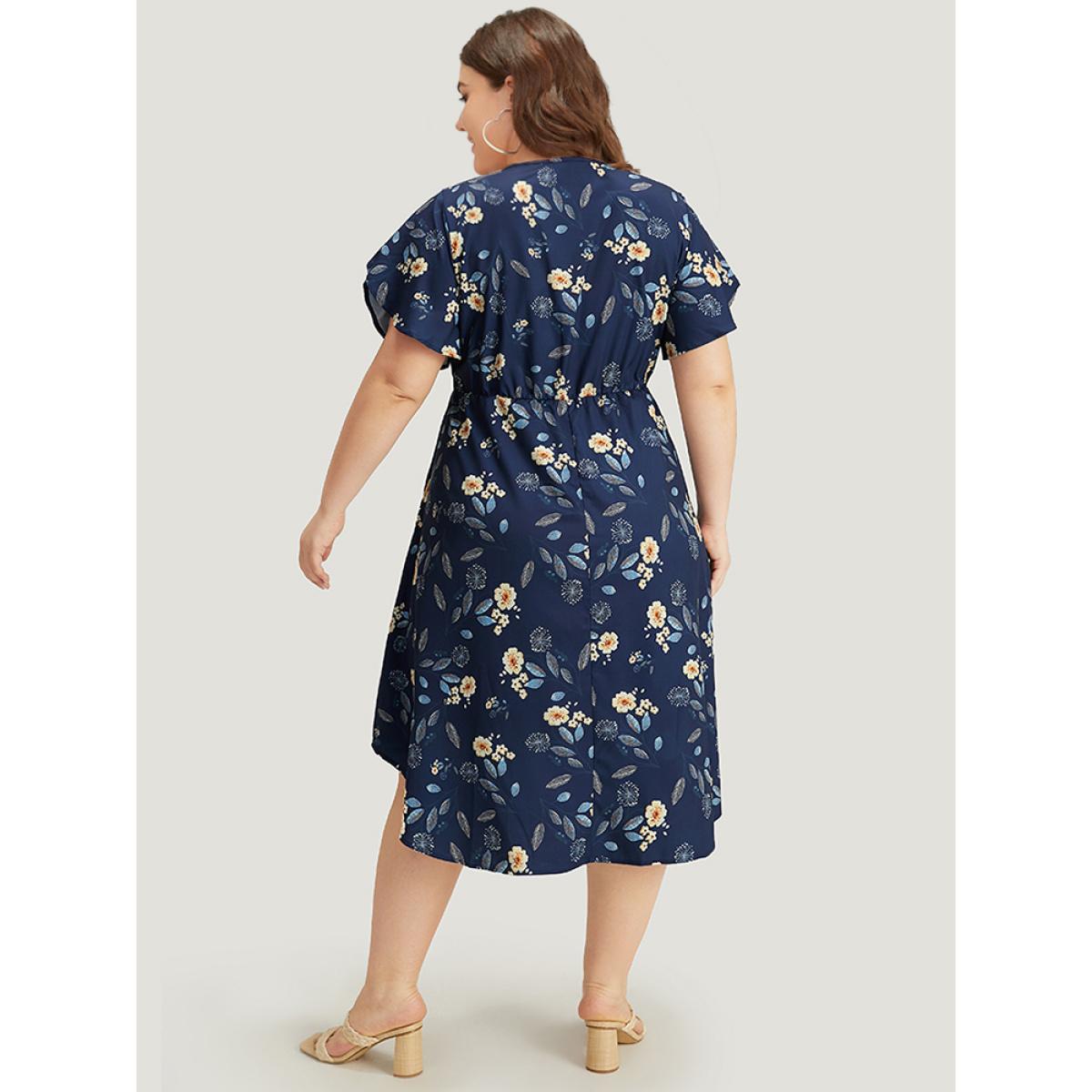 Plus Size Floral Arc Hem Pocket Split Petal Sleeve Zip Up Dress Navy Women Office Lined V-neck Short sleeve Curvy Midi Dress BloomChic 26/4X Product Image