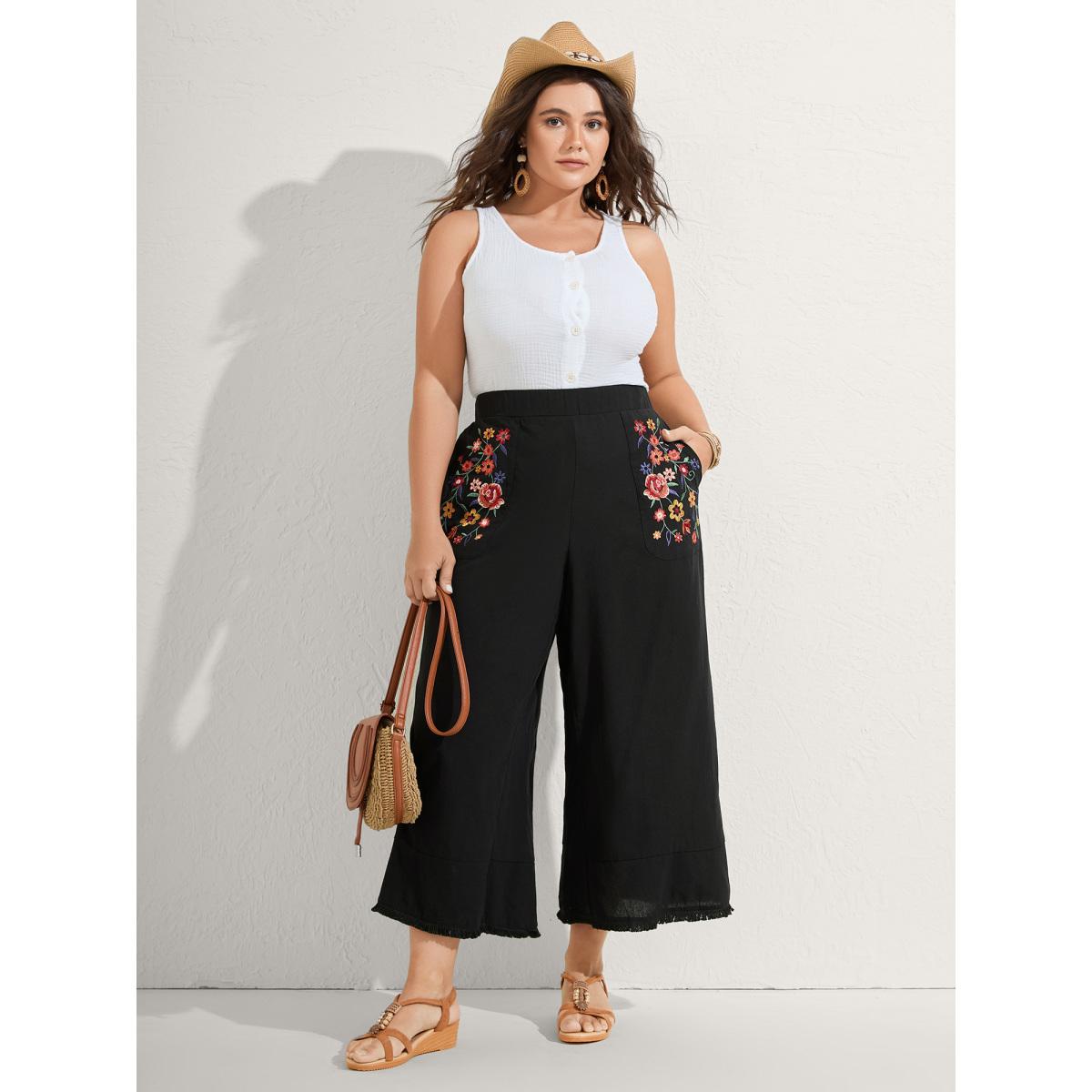 Plus Size Cotton Floral Embroidered Pockets Ribbed Hem Pants Women Black Boho Loose Mid Rise Vacation Pants BloomChic 28/5X Product Image