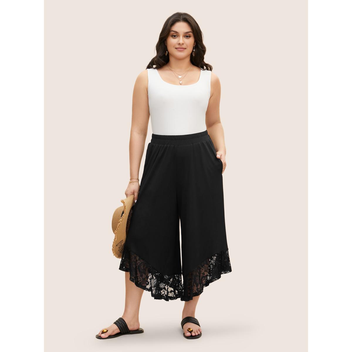 Plus Size Lace Patchwork Mesh Wide Leg Cropped Pants Women Black Resort Wide Leg Mid Rise Vacation Pants BloomChic 14-16/1X Product Image