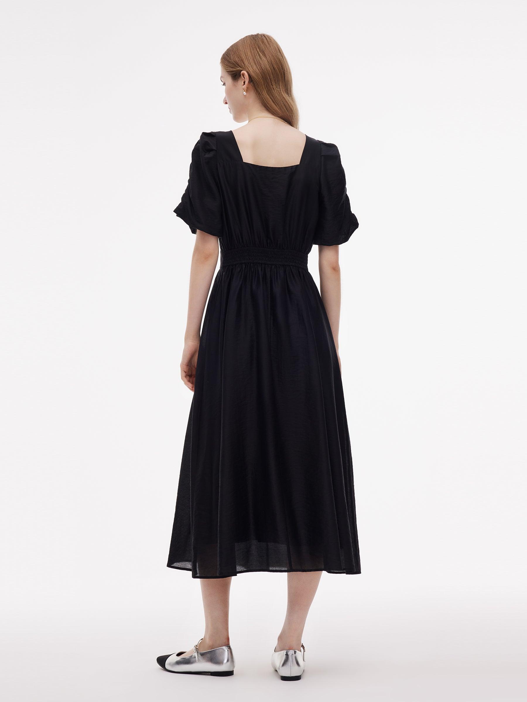 Tencel Blend Square Neck Women Puff Sleeve Maxi Dress Product Image