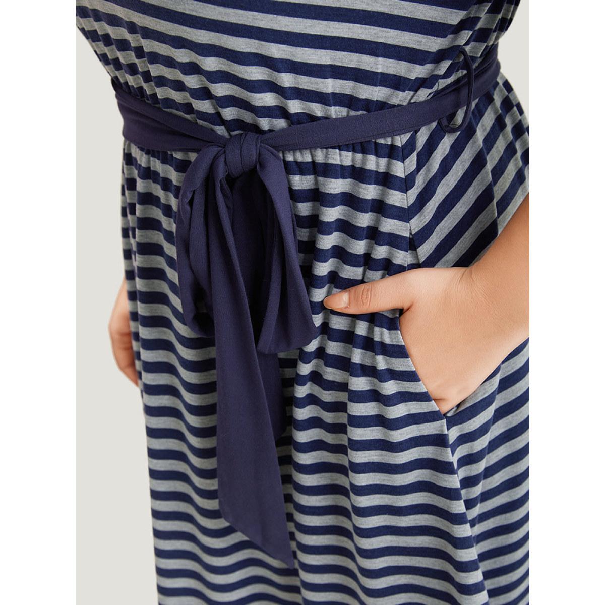 Plus Size Striped Pocket Button Up Belted Crew Neck Dress Indigo Women Casual Belted Round Neck Half Sleeve Curvy Midi Dress BloomChic 14-16/1X Product Image