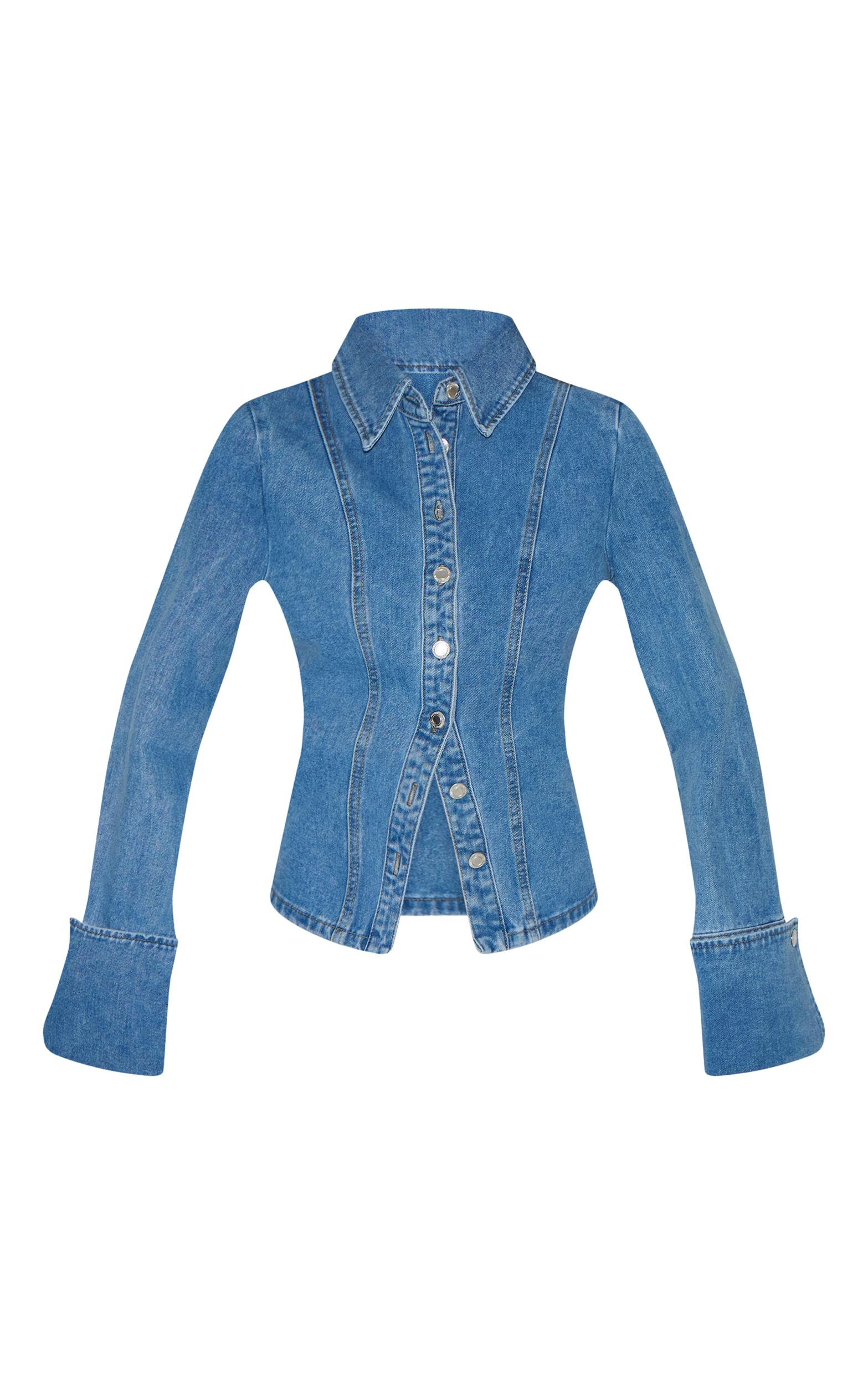  Mid Blue Wash Long Sleeve Cinch Waist Denim Shirt Product Image