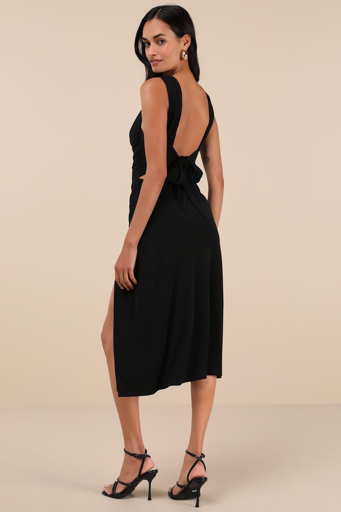 Flawless Effect Black Slinky Knit Cowl Tie-Back Midi Dress Product Image