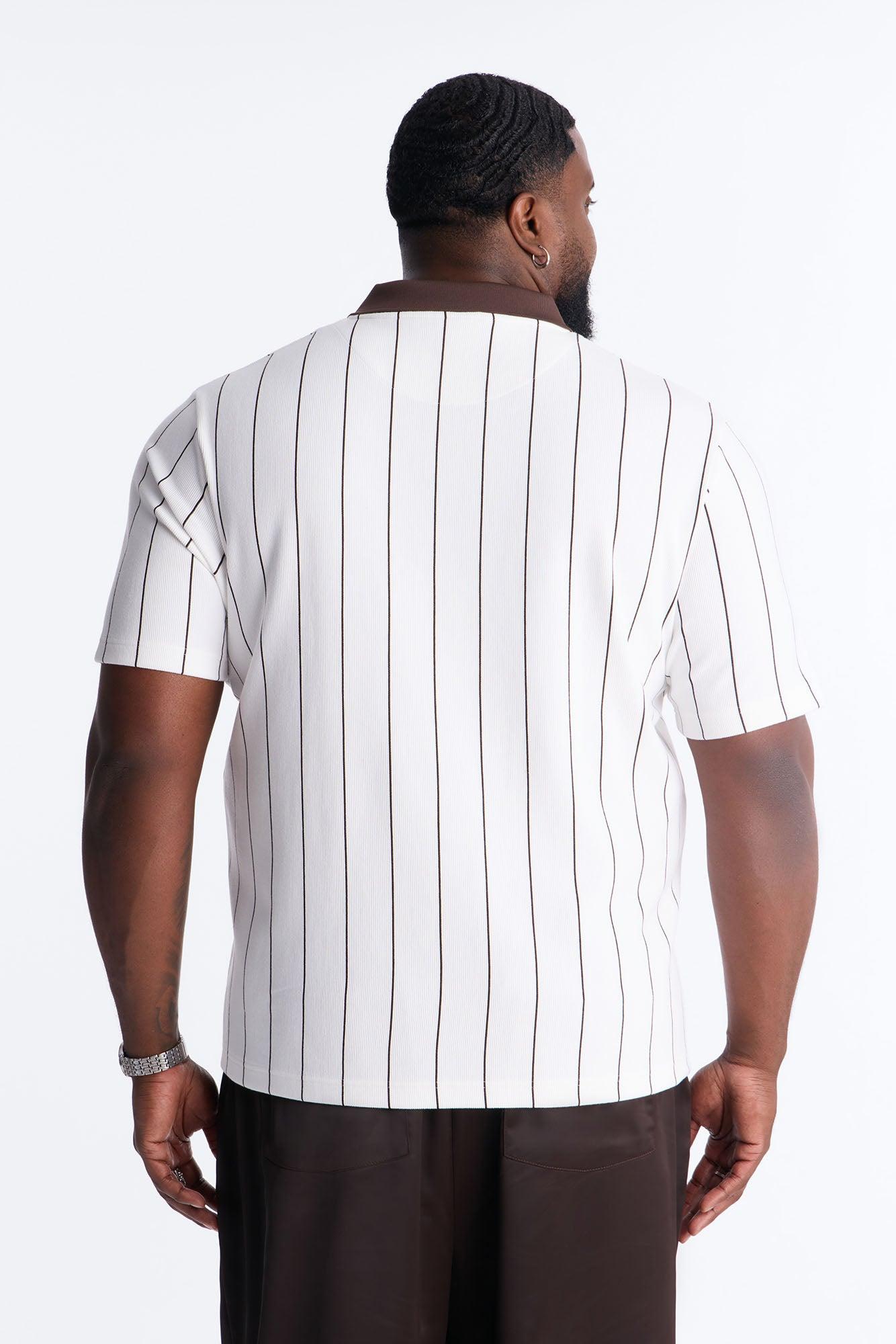 Brown Stripe Johnny Collar Polo - White/combo Male Product Image