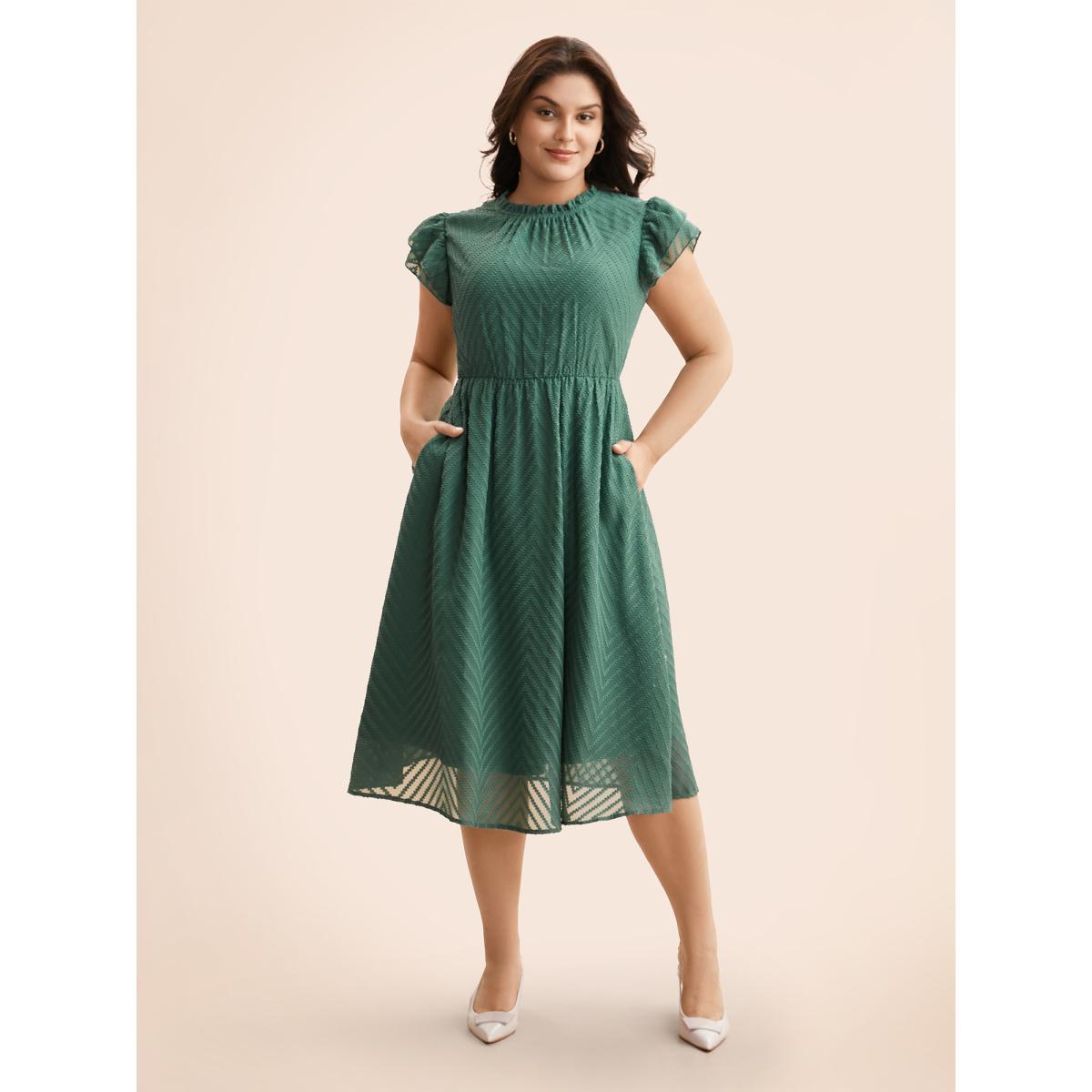 Plus Size Plain Geometric Layered Sleeve Pocket Ruffle Mock Neck Dress Emerald Women Office See through Round Neck Cap Sleeve Curvy Midi Dress BloomChic 10/M Product Image
