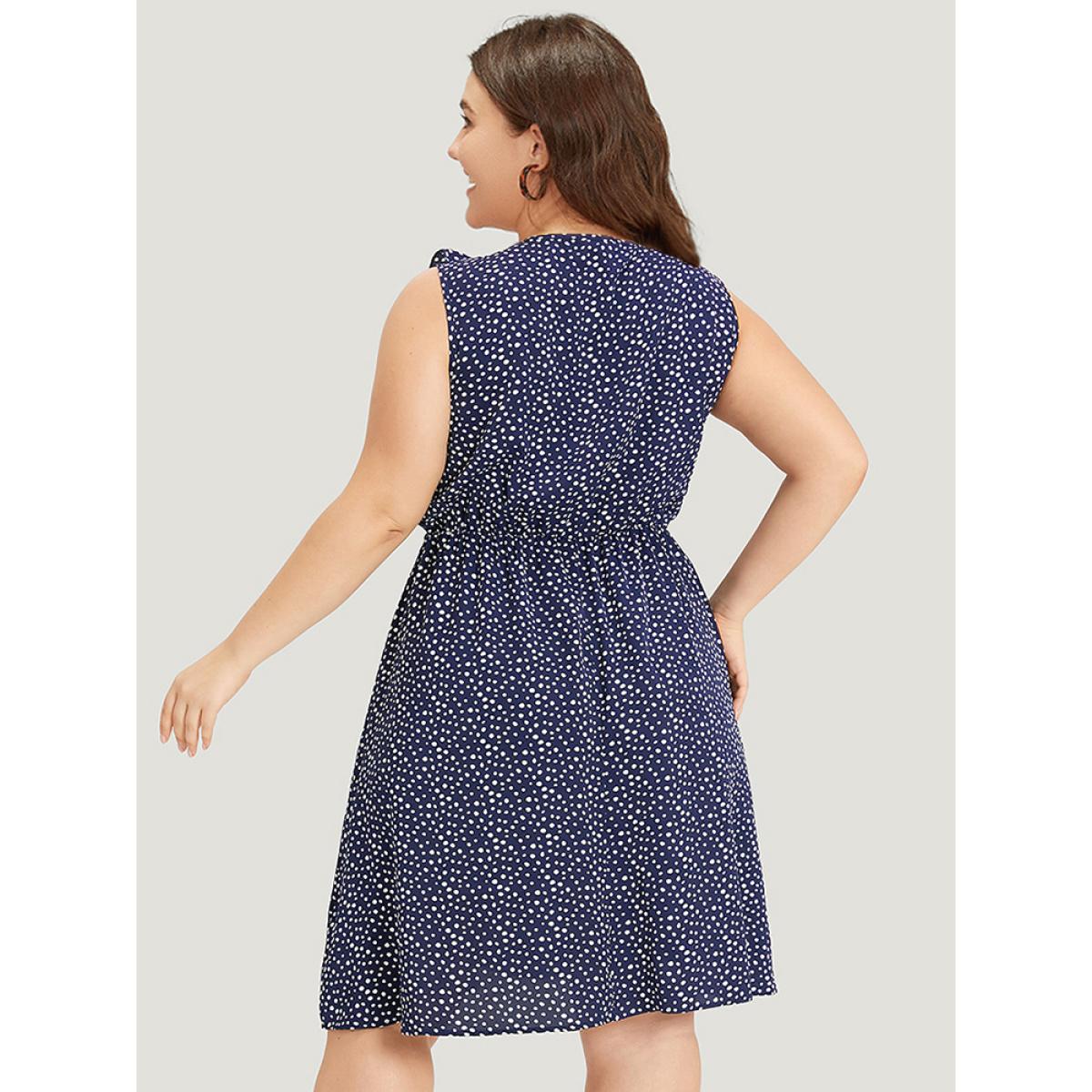 Plus Size Polka Dot Ruffle Trim V Neck Sleeveless Dress DarkBlue Women Elegant Pocket V-neck Sleeveless Curvy Knee Dress BloomChic 30/6X Product Image