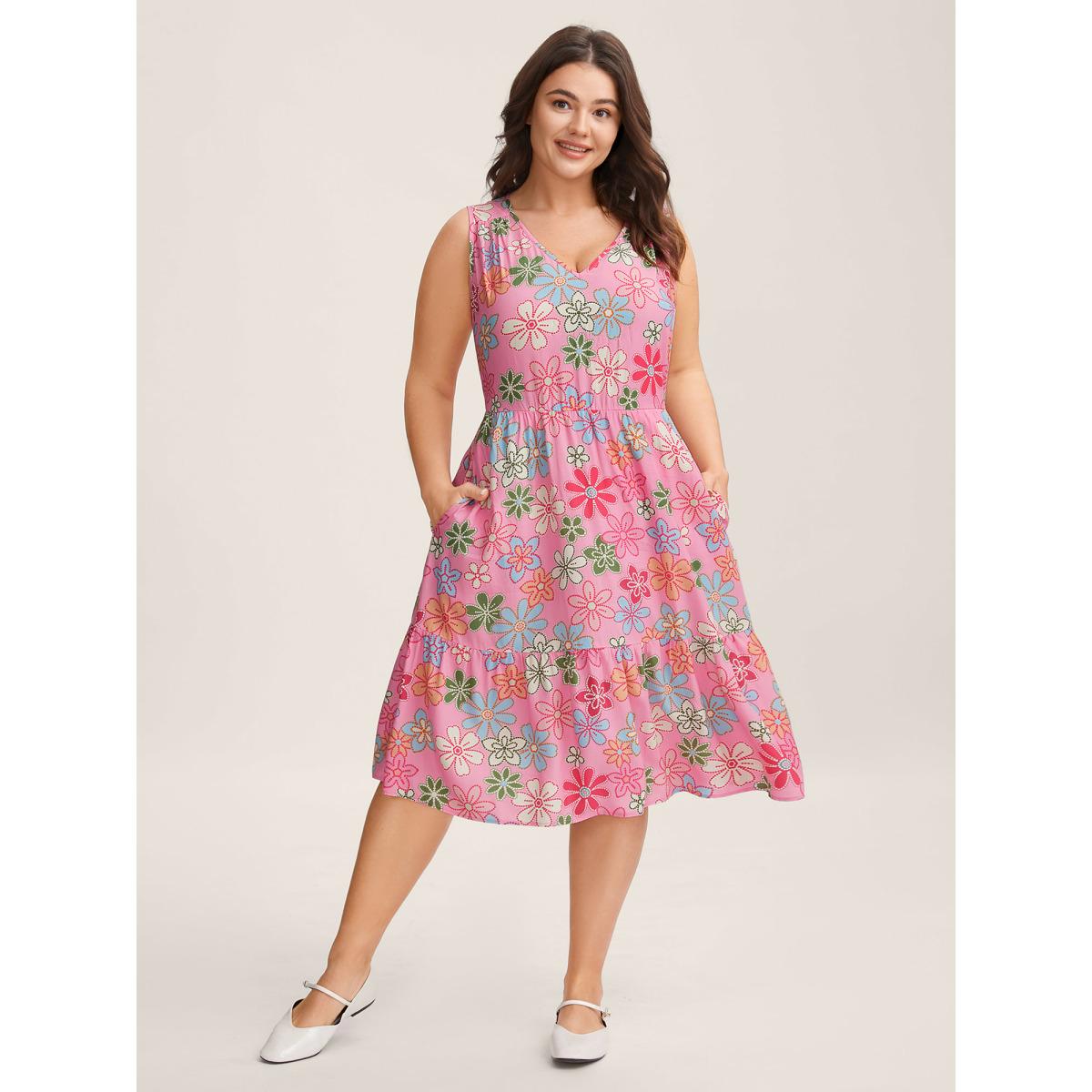 Plus Size Rayon Floral Print Stretchy Waist Midi Dress Multicolor Women V-neck Sleeveless Curvy BloomChic 28/5X Product Image