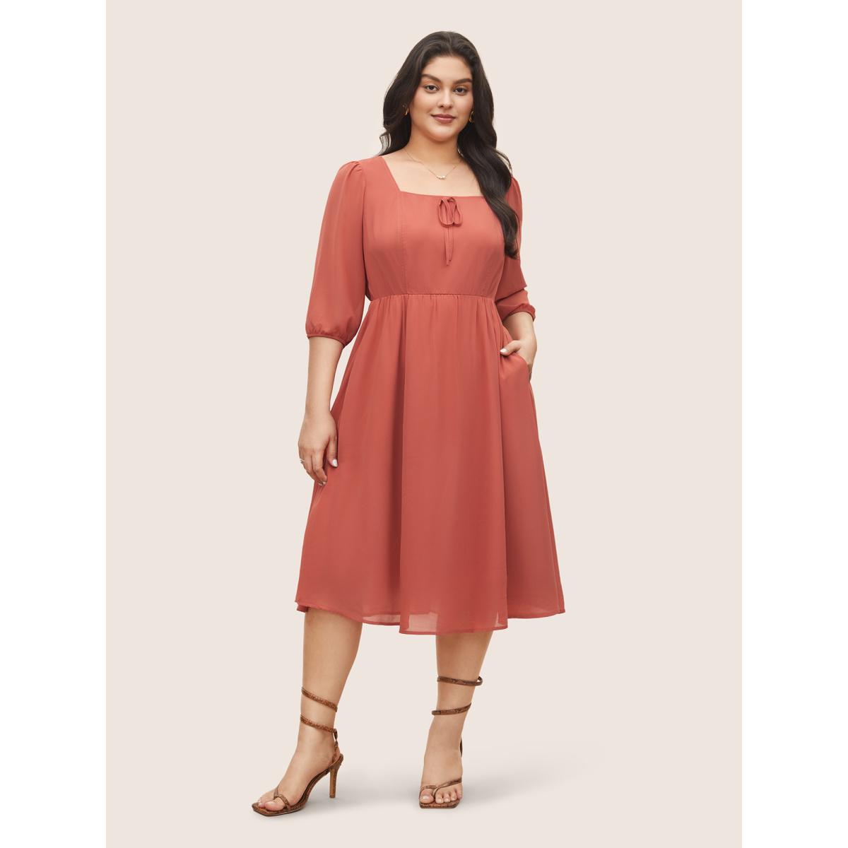 Plus Size Chiffon Plain Ties Knotted Lantern Sleeve Dress Coral Women Elegant Non Square Neck Elbow-length sleeve Curvy Midi Dress BloomChic 12/L Product Image