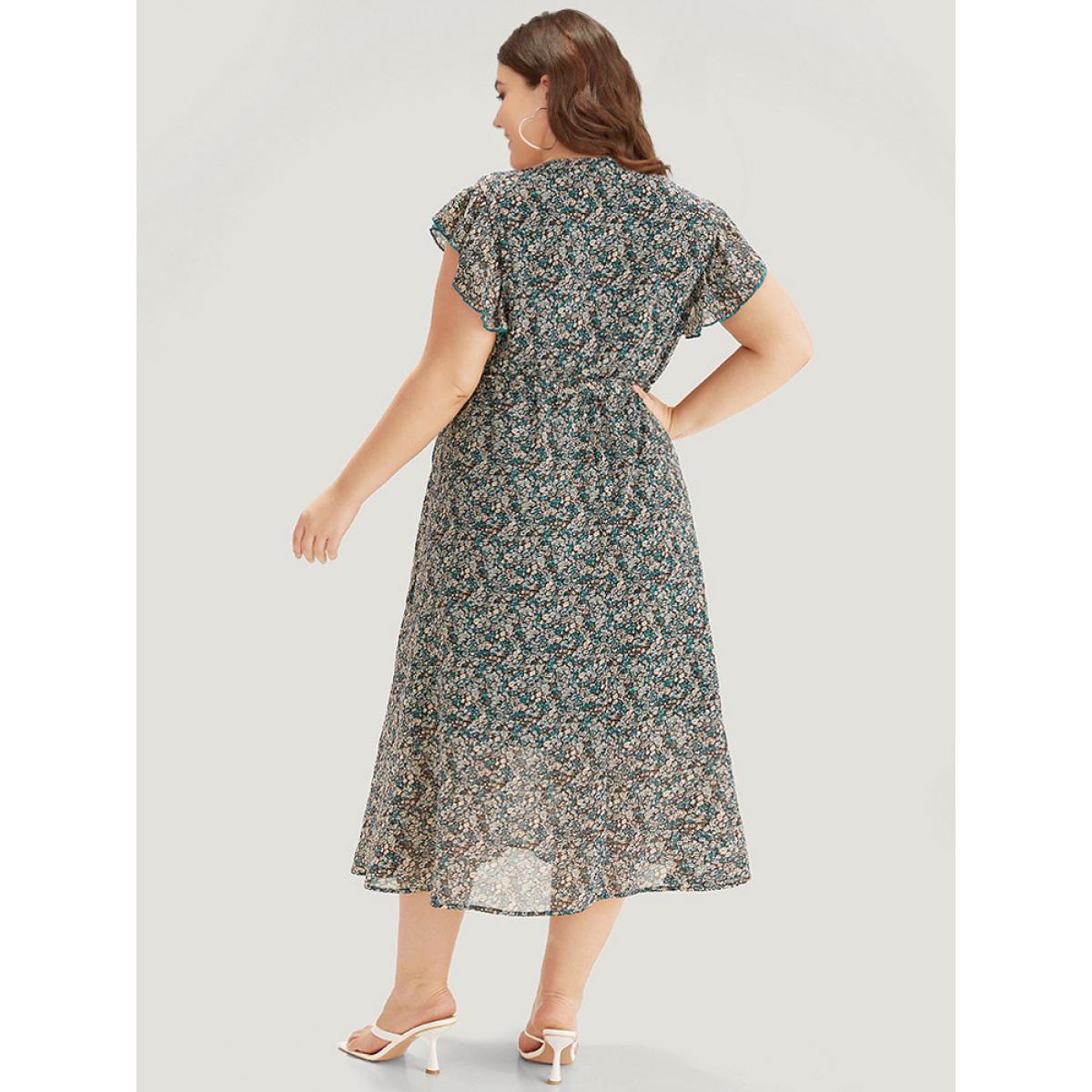 Plus Size Ditsy Floral Surplice Neck Belted Flutter Sleeve Dress Cyan Women Elegant Wrap V-neck Sleeveless Curvy Midi Dress BloomChic 28/5X Product Image
