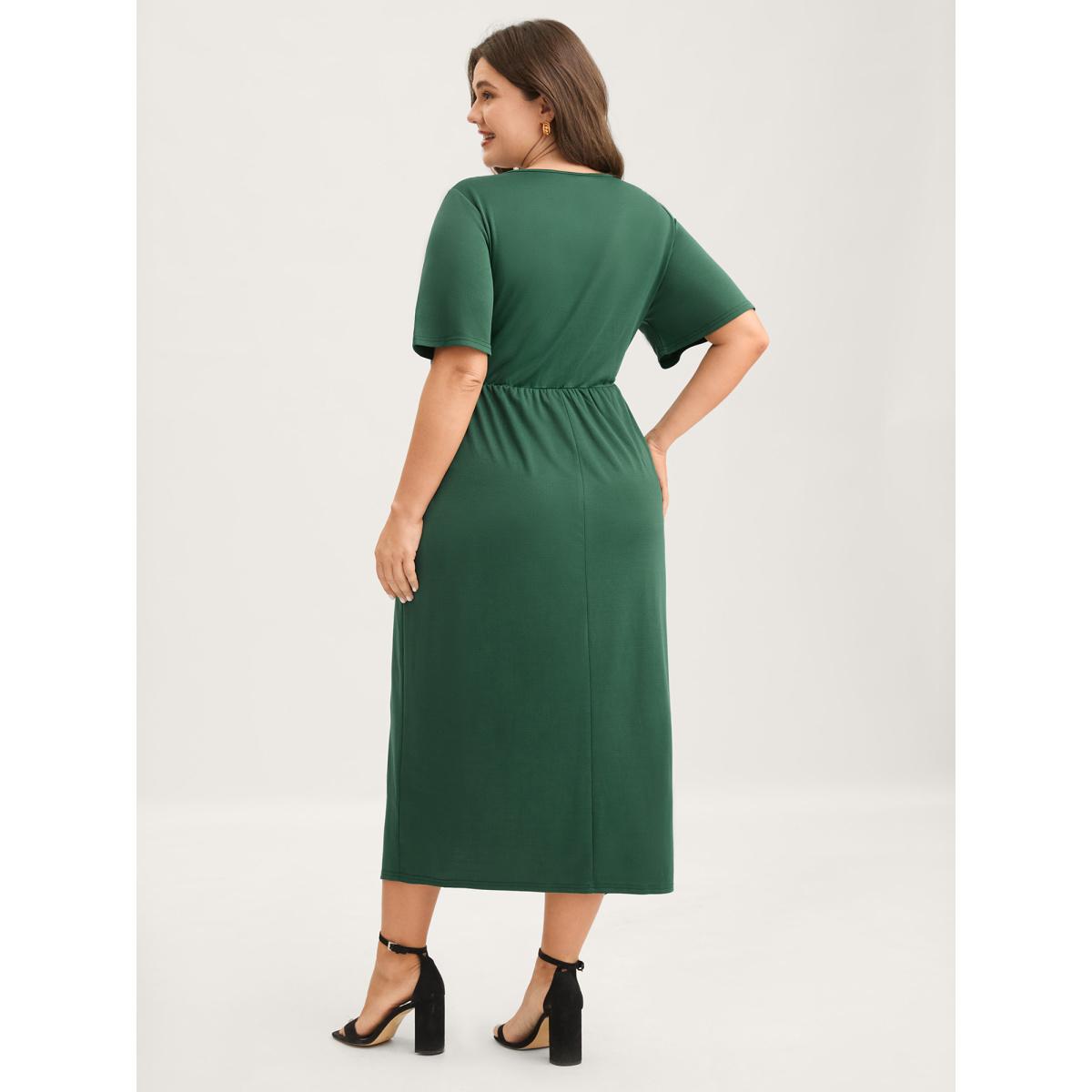 Plus Size Wrap Gathered Solid Surplice Midi Dress DarkGreen Women Overlap Collar Short sleeve Curvy BloomChic 26/4X Product Image