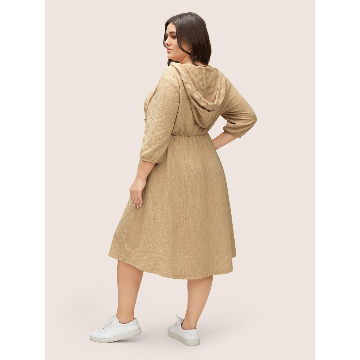 Plus Size Plisse Hooded Pocket Button Detail Ties Dress Tan Women Casual Non Hooded Elbow-length sleeve Curvy Midi Dress BloomChic 12/L Product Image
