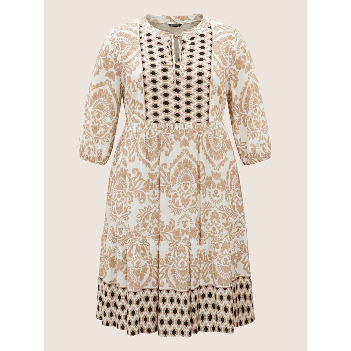 Plus Size Boho Print Tie Knot Lantern Sleeve Dress Tan Women Resort Tie knot V-neck Elbow-length sleeve Curvy BloomChic 22-24/3X Product Image