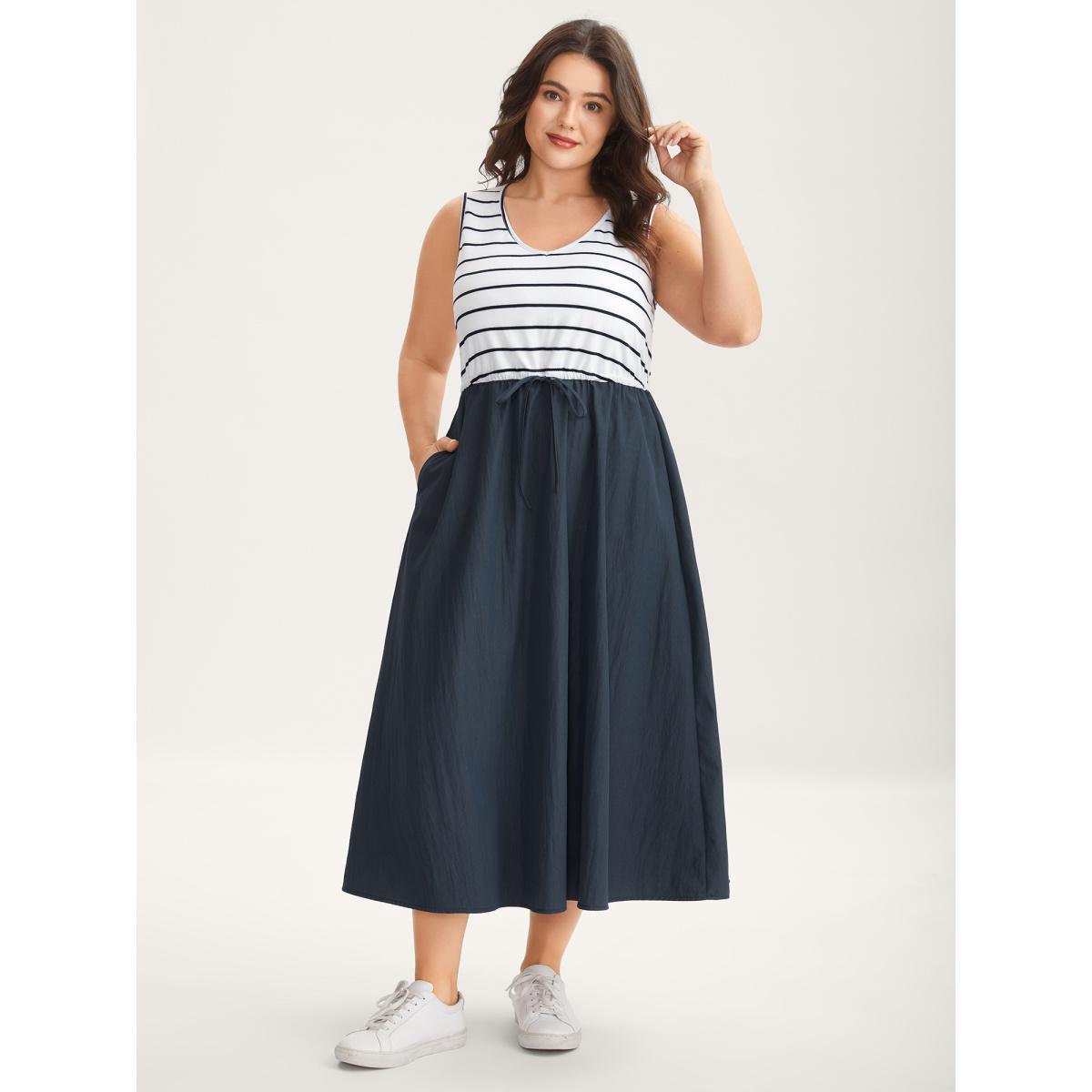 Plus Size Stripes Color Contrast Pockets Midi Dress Indigo Women Leisure Round Neck Sleeveless Curvy BloomChic 22-24/3X Product Image