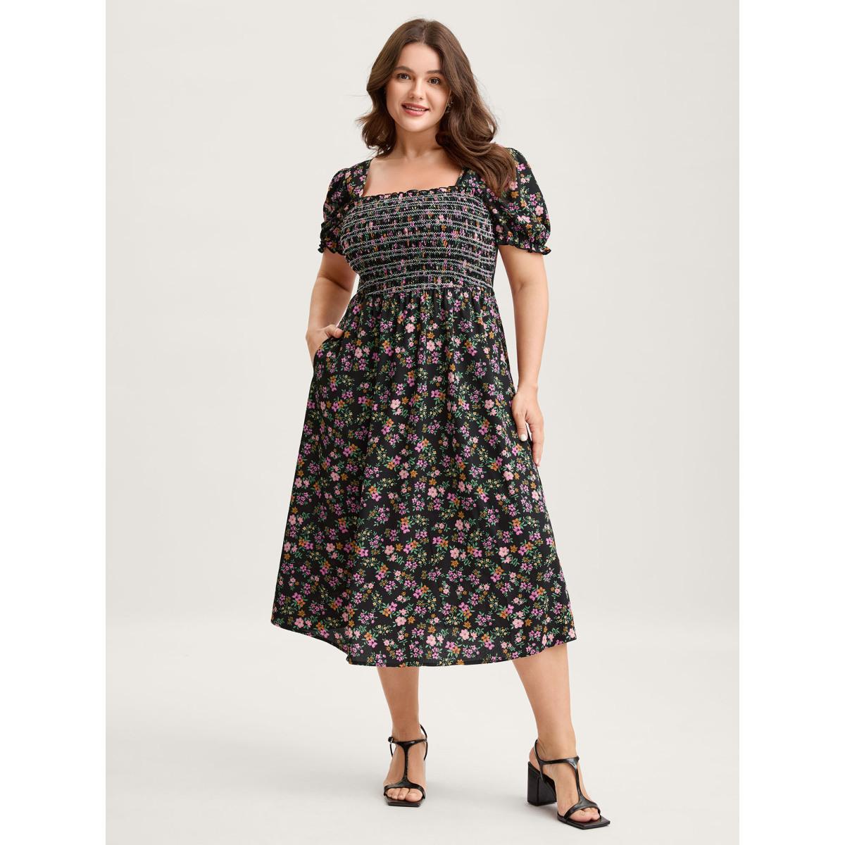 Plus Size Floral Shirred Bodice Contrast Midi Dress Black Women Romantic Gathered Square Neck Short sleeve Curvy BloomChic 30/6X Product Image