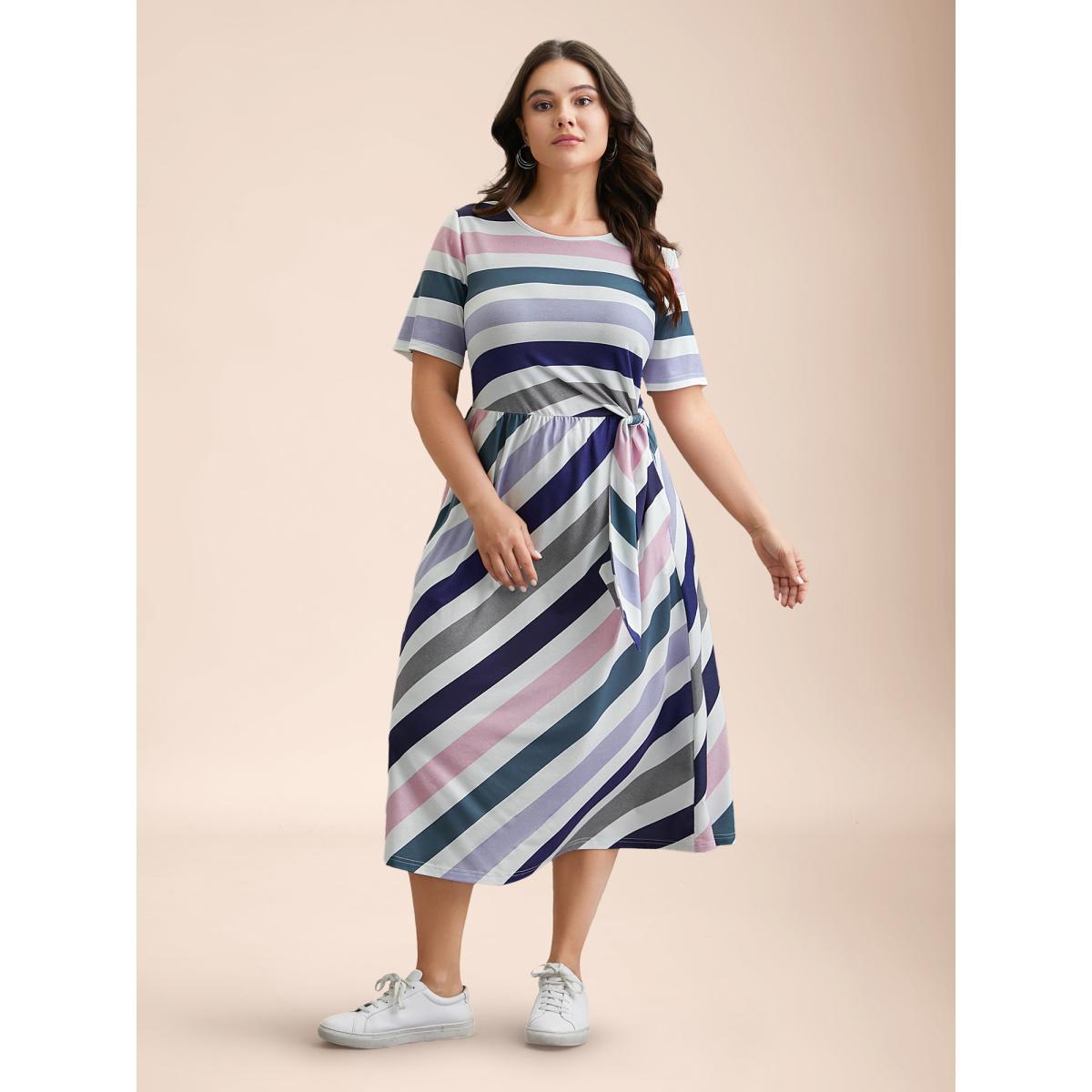 Plus Size Striped Waist-Tie Half Sleeve Midi Dress Multicolor Women Casual Tie knot Knit Dresses Bloomchic 30/6X Product Image