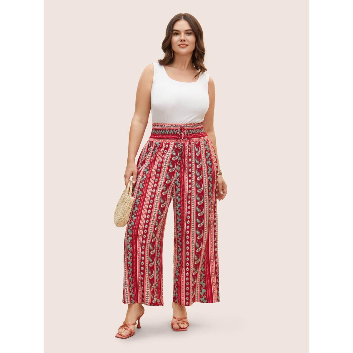 Plus Size Bandana Print Wideband Waist Wide Leg Pants Women Crimson Resort Wide Leg High Rise Vacation Pants BloomChic 18-20/2X Product Image
