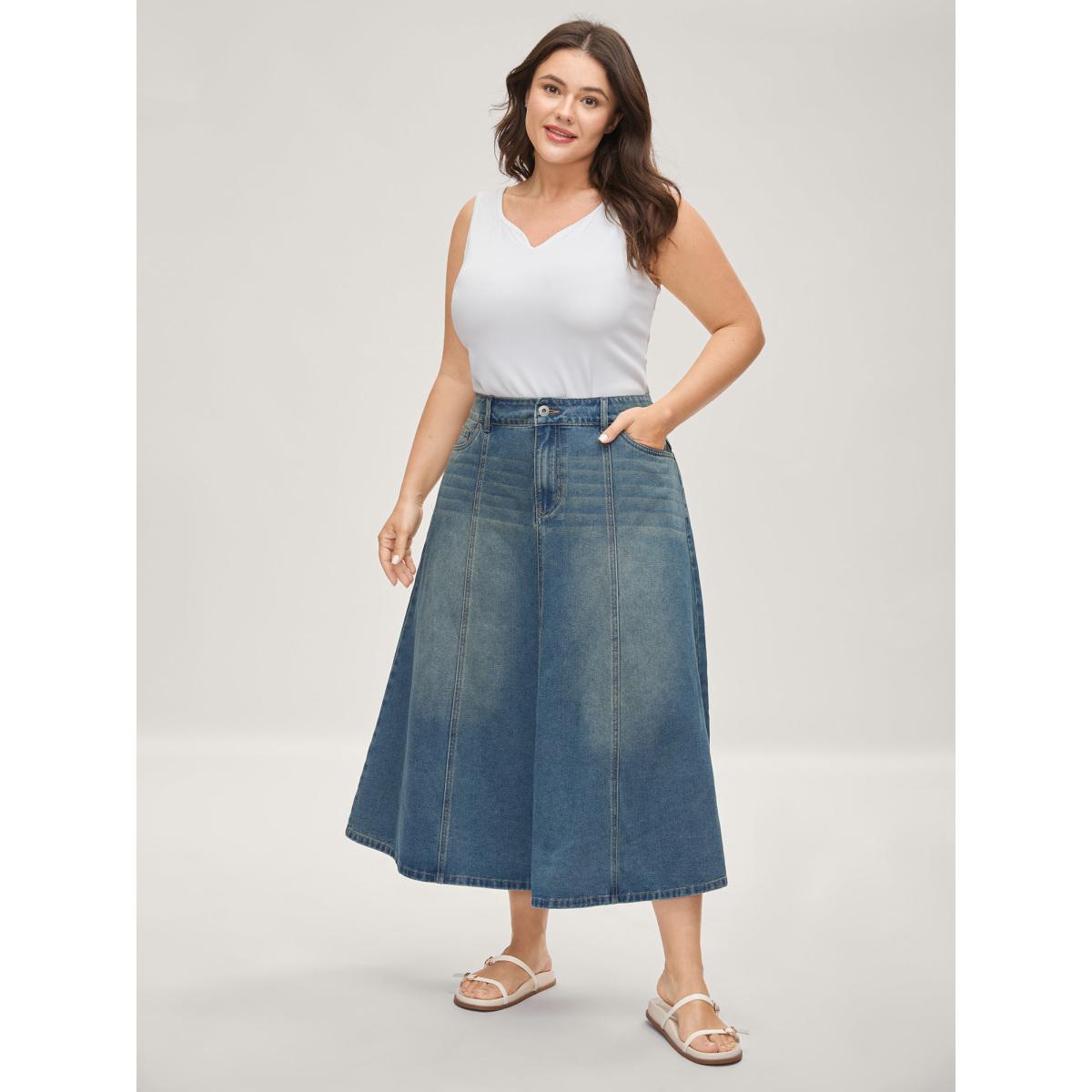 Plus Size Vintage Wash A-Line Denim Maxi Skirt Women Denimblue Casual No stretch Medium Wash 12/L Slanted pocket Leisure Denim Skirts BloomChic Product Image