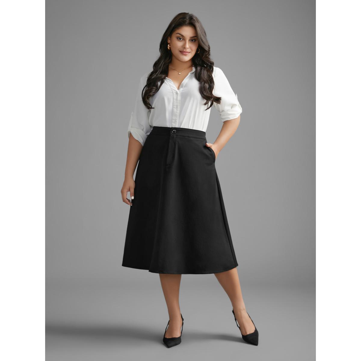 Plus Size Solid Button Up Slightly Stretchy Skirt Women Black At the Office Button Loose Low stretch Slanted pocket Work Skirts BloomChic 22-24/3X Product Image