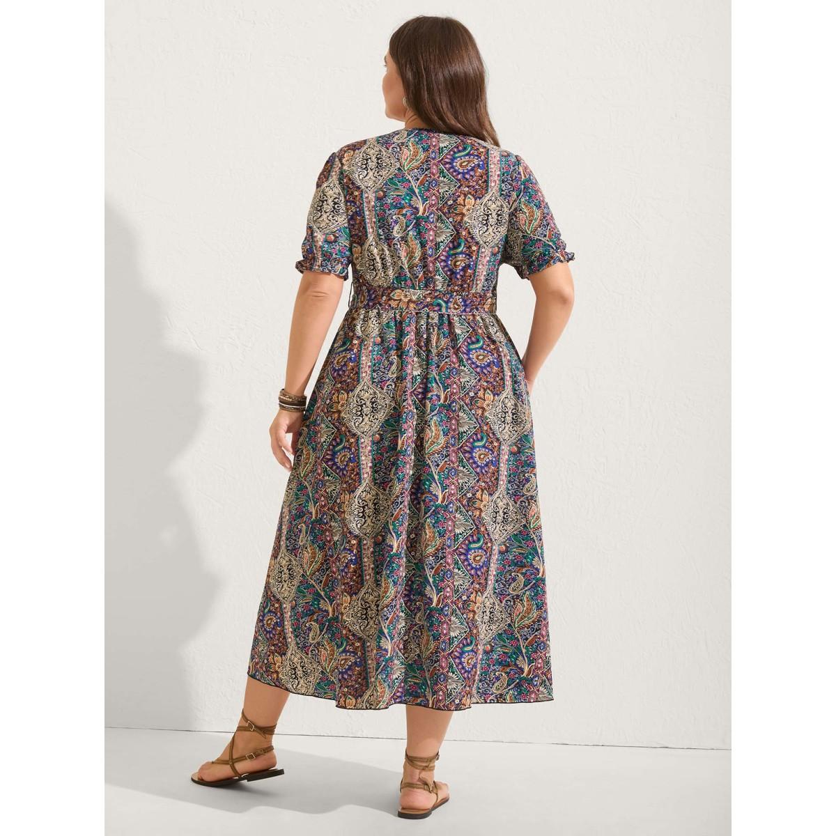 Plus Size Boho Print Overlap Hem Belted Midi Dress Multicolor Women Overlapping Overlap Collar Short sleeve Curvy BloomChic 26/4X Product Image