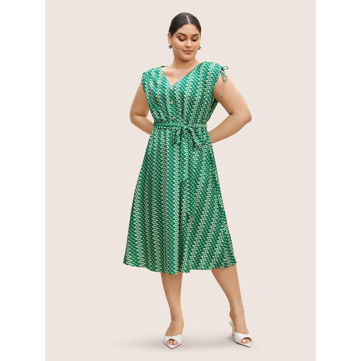 Plus Size Geometric Drawstring Cap Sleeve Midi Dress Malachitegreen Women At the Office Belted V-neck Cap Sleeve Curvy BloomChic 14-16/1X Product Image