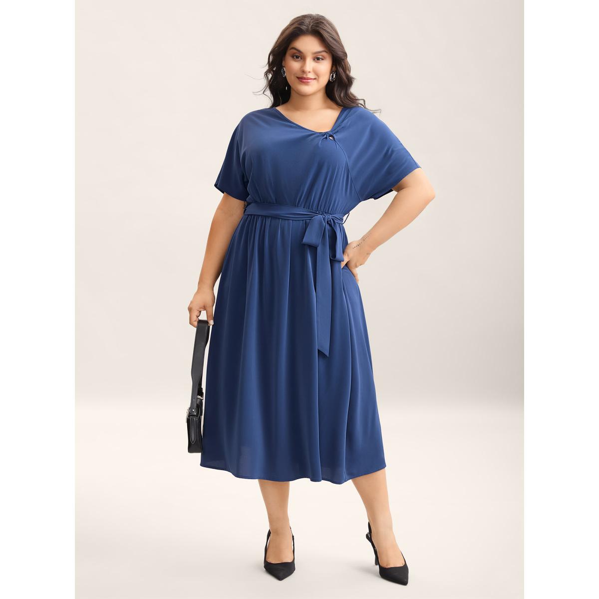 Plus Size Keyhole Belted Pockets Plain Midi Dress Mediumblue Women Asymmetrical Neck Short sleeve Curvy BloomChic 18-20/2X Product Image