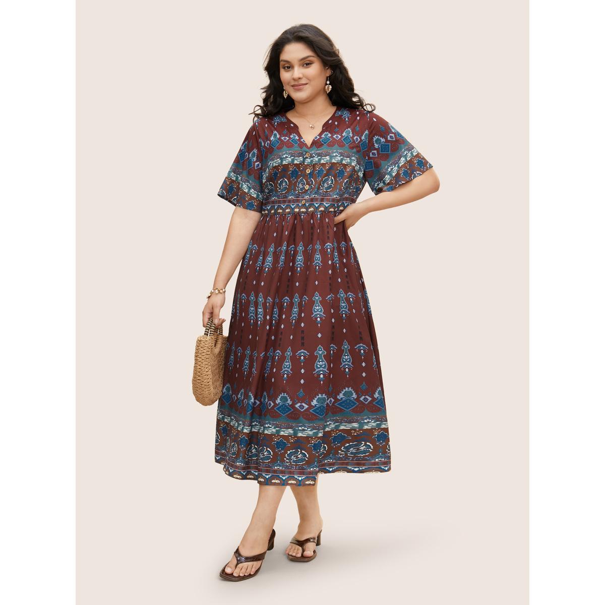 Plus Size Bandana Print Notched Button Detail Dress Scarlet Women Resort Gathered Notched collar Short sleeve Curvy BloomChic 18-20/2X Product Image