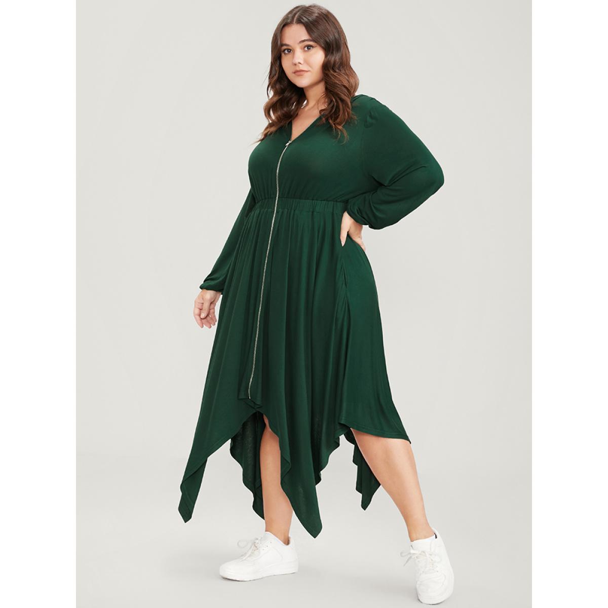 Plus Size Solid Pocket Zipper Up Hanky Hem Dress Green Women Elegant Elastic Waist Hooded Long Sleeve Curvy Long Dress BloomChic 26/4X Product Image
