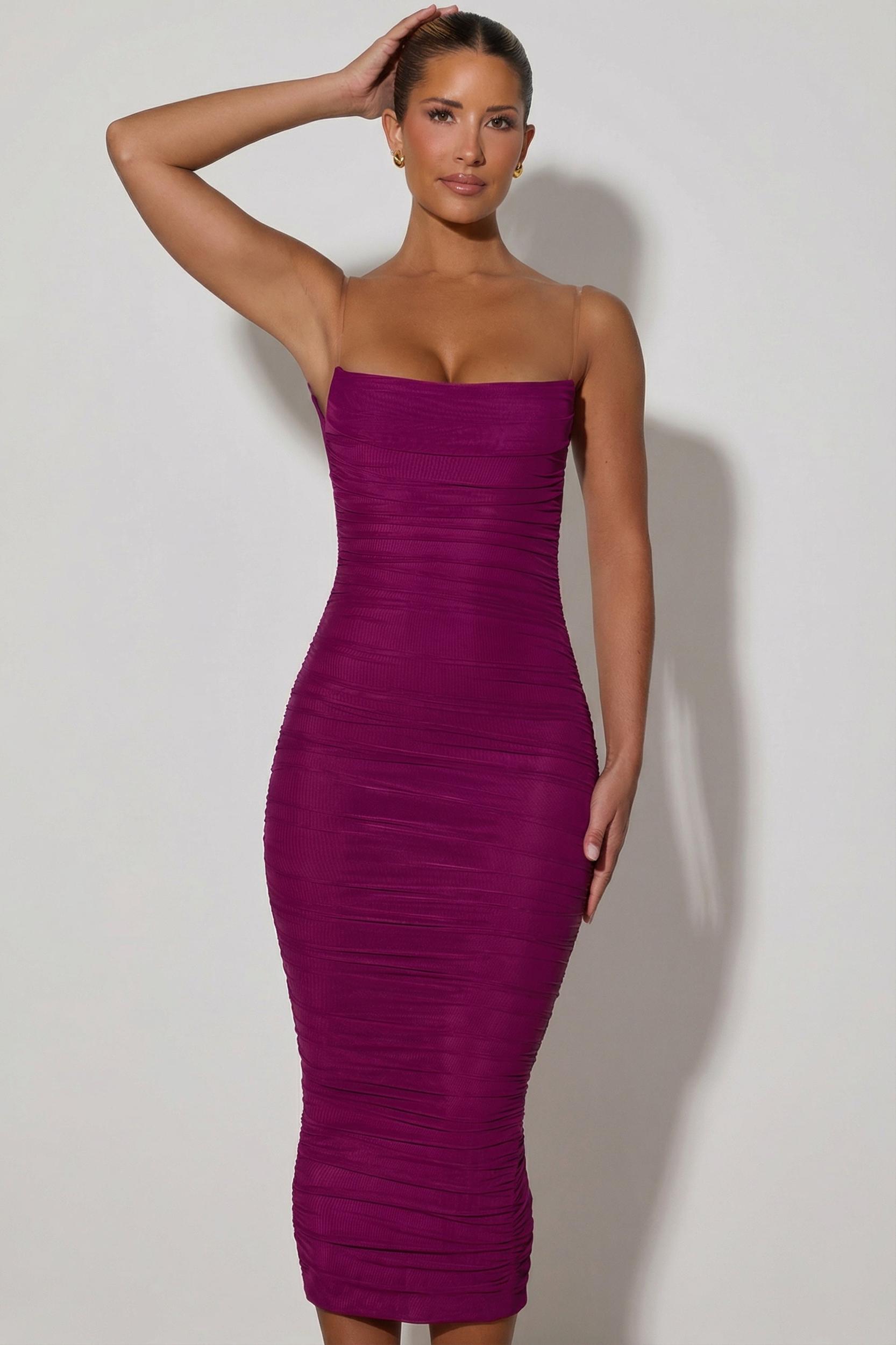 Ruched Backless Bodycon Midaxi Dress in Plum Product Image