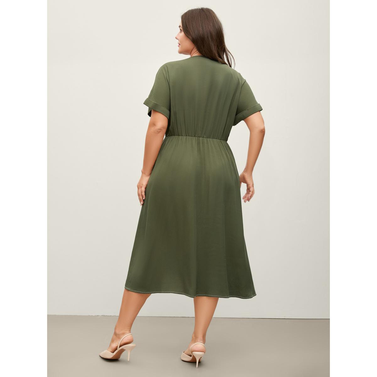 Plus Size Monochrome Zipper Front Pockets Midi Dress ArmyGreen Women V-neck Short sleeve Curvy BloomChic 10/M Product Image
