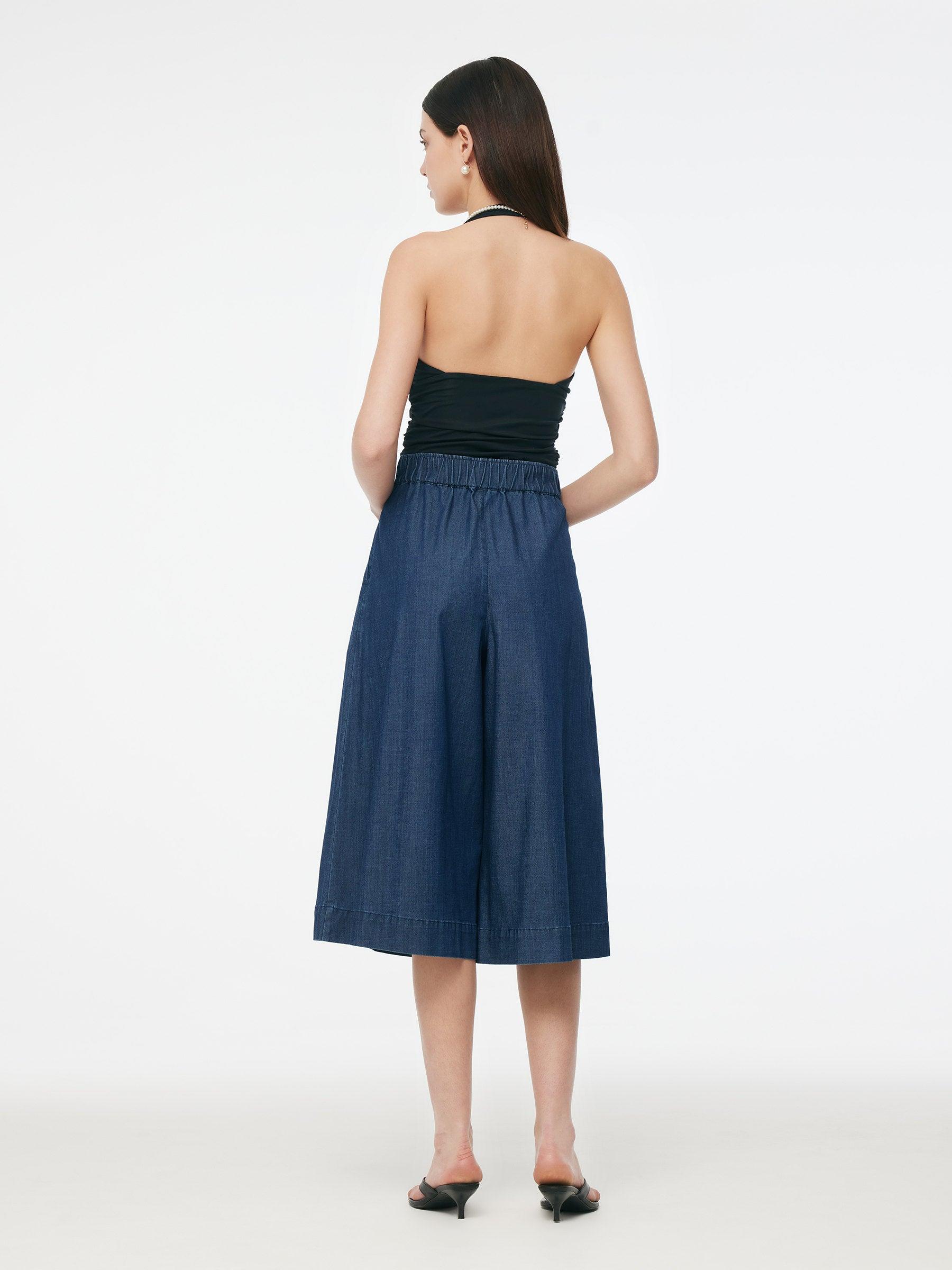 Denim High Waisted Women Wide Leg Cropped Culottes Product Image