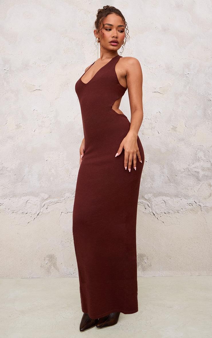 Petite Chocolate Knit Open Back Cross Over Maxi Dress Product Image