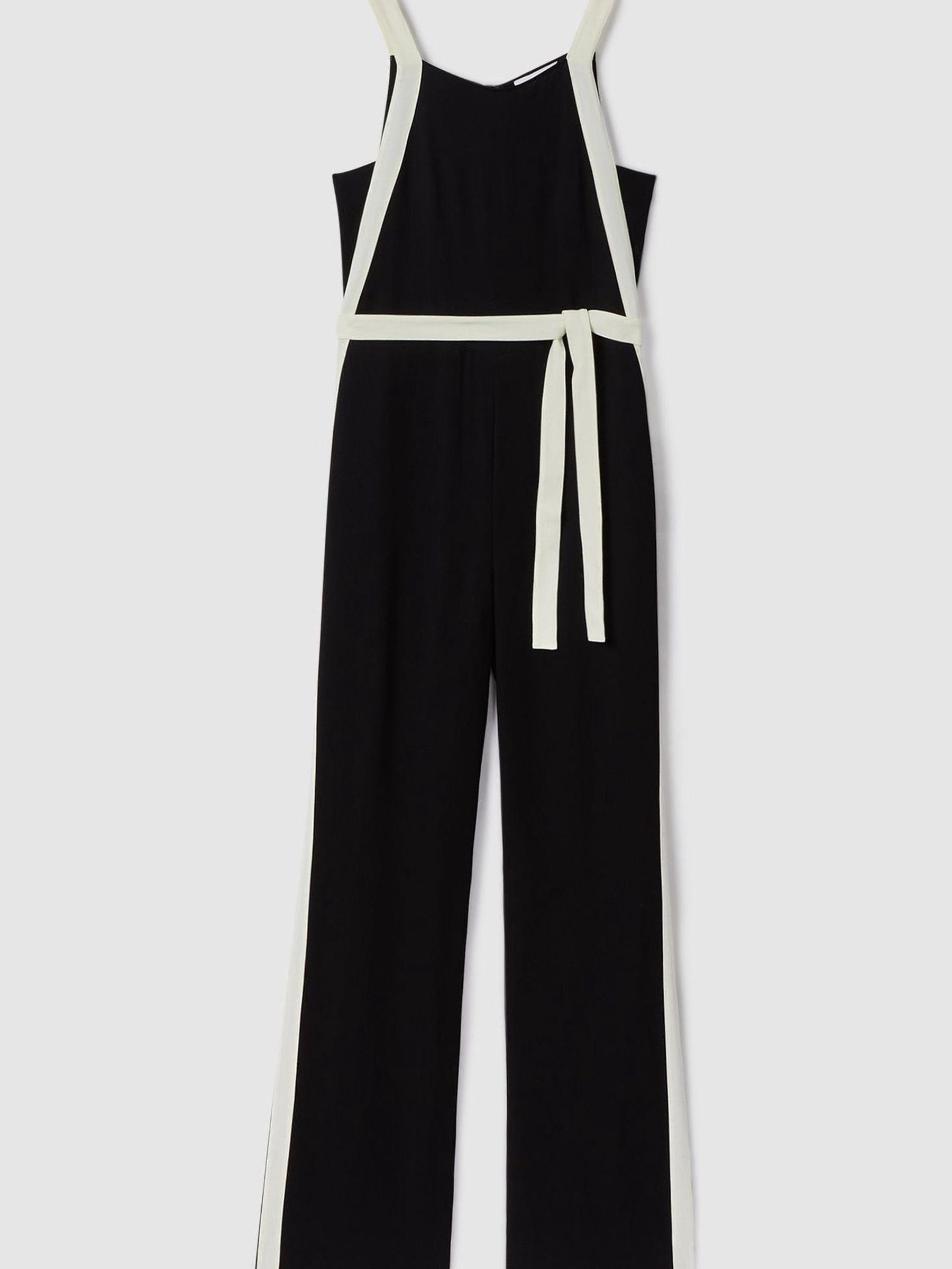 Contrast Trim Belted Jumpsuit in Black/White Product Image