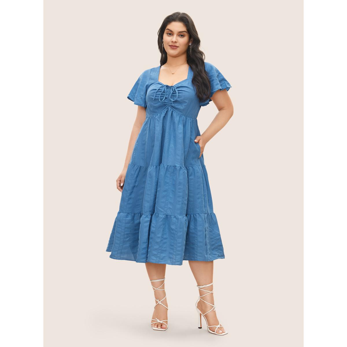 Plus Size Plain Ruched Drawstring Pocket Ruffle Tiered Dress Cerulean Women Timeless Non V-neck Short sleeve Curvy Midi Dress BloomChic 28/5X Product Image