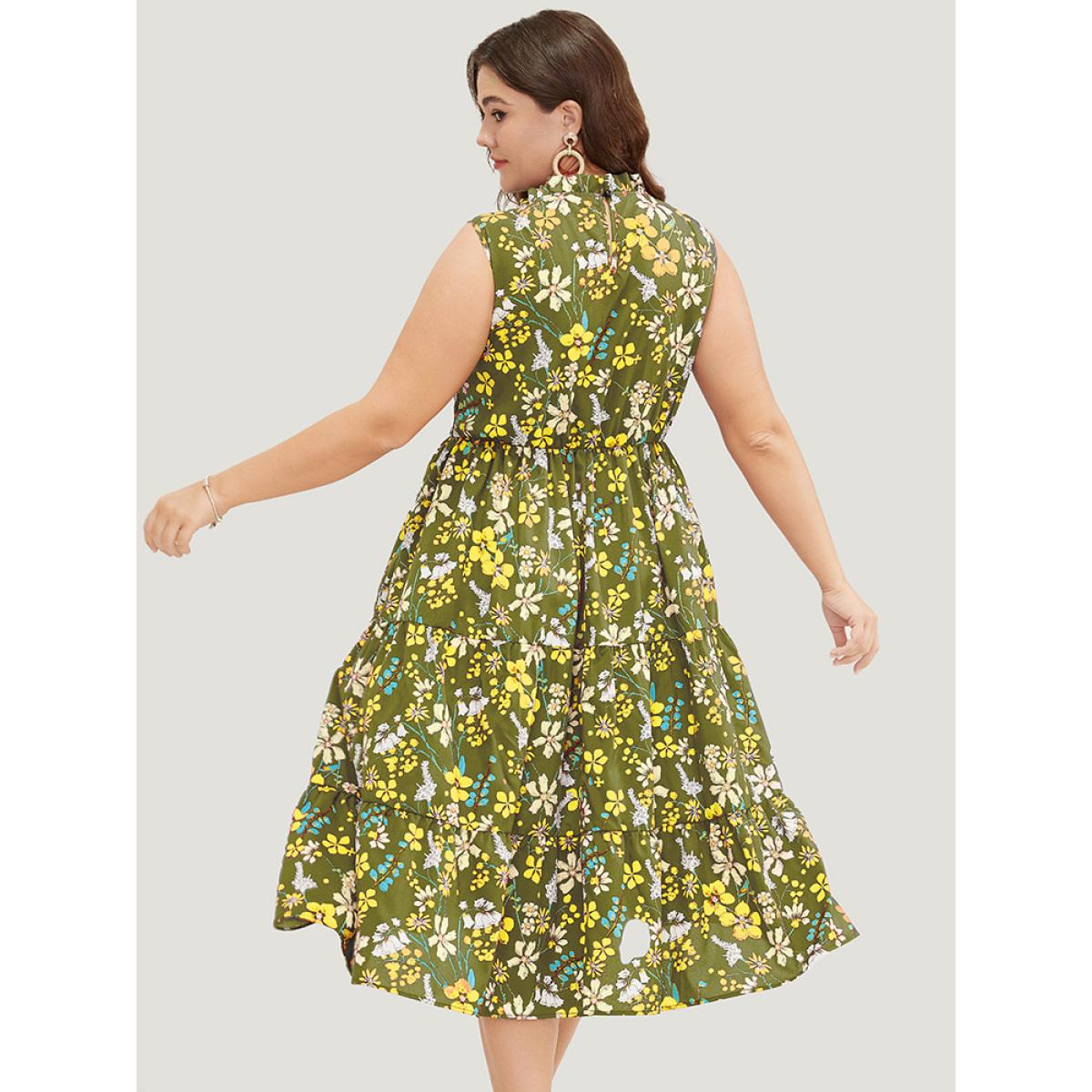 Plus Size Floral Shirred Mock Neck Cut Out Pocket Ruffle Hem Dress Olive Women Elegant Frill Trim Mock Neck Sleeveless Curvy Midi Dress BloomChic 10/M Product Image