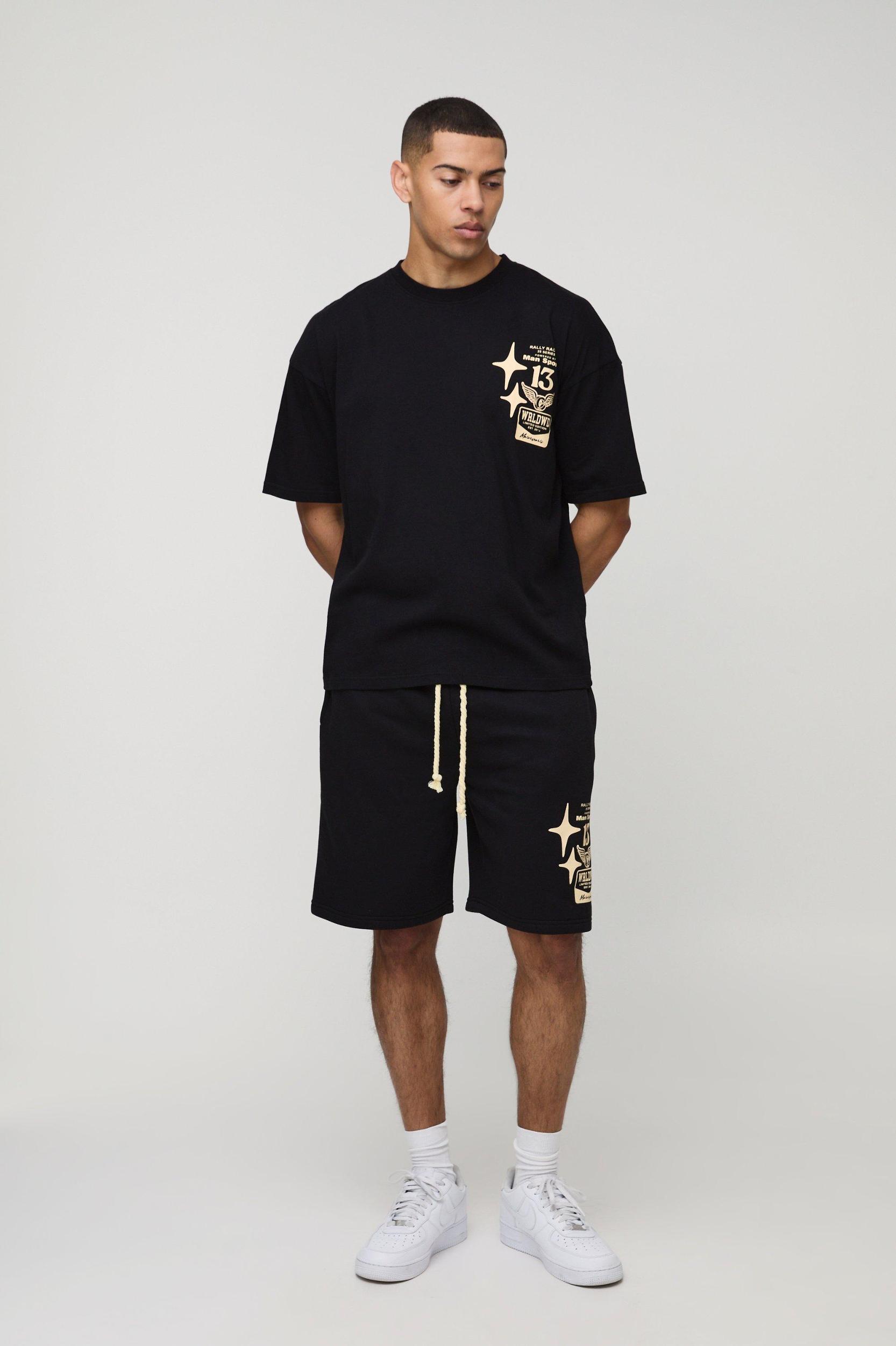 Oversized Moto Graphic T-Shirt & Short Set | boohooMAN USA Product Image