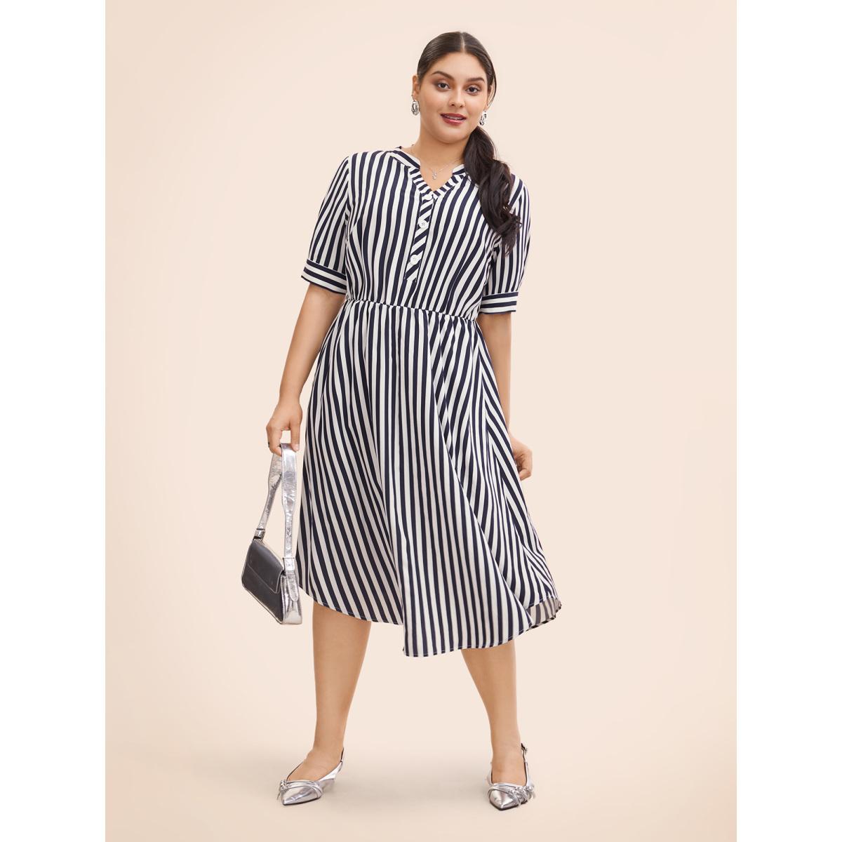 Plus Size Striped Notched Button Detail Midi Dress Navy Women At the Office Button Flat collar with V-notch Half Sleeve Curvy BloomChic 22-24/3X Product Image