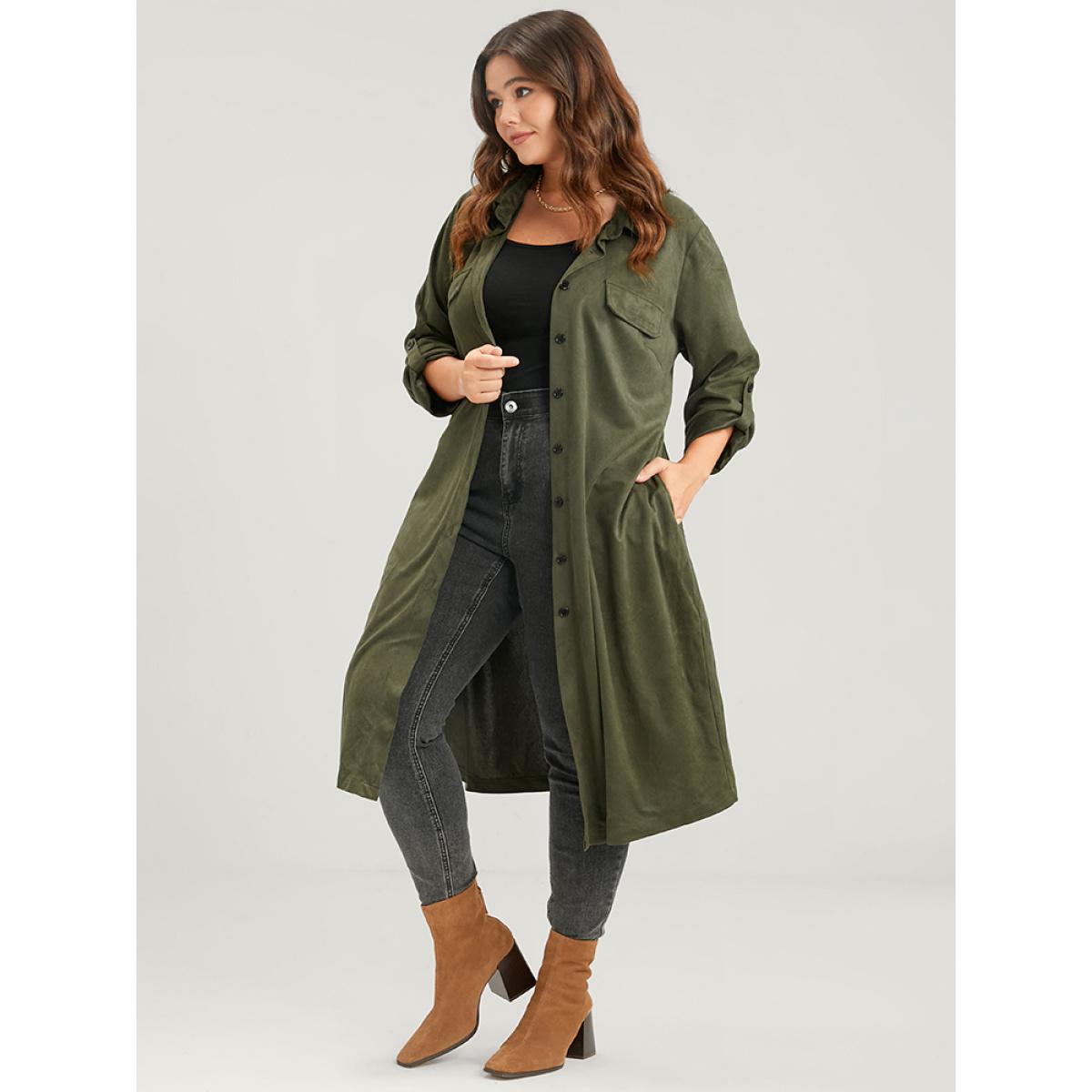Plus Size Solid Cuffed Sleeve Pocket Button Down Belted Coat Women ArmyGreen Casual Belted Ladies Dailywear Winter Coats BloomChic 14-16/1X Product Image