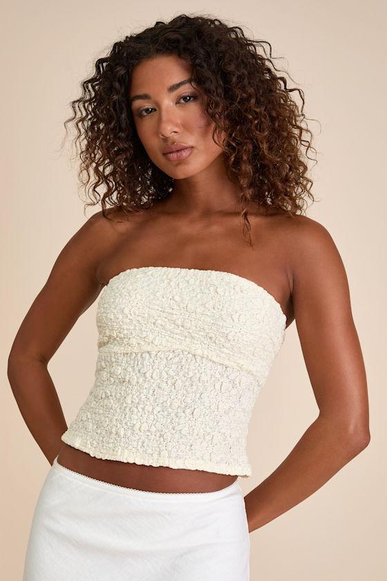 Damia Cream Jacquard Knit Strapless Crop Top Product Image