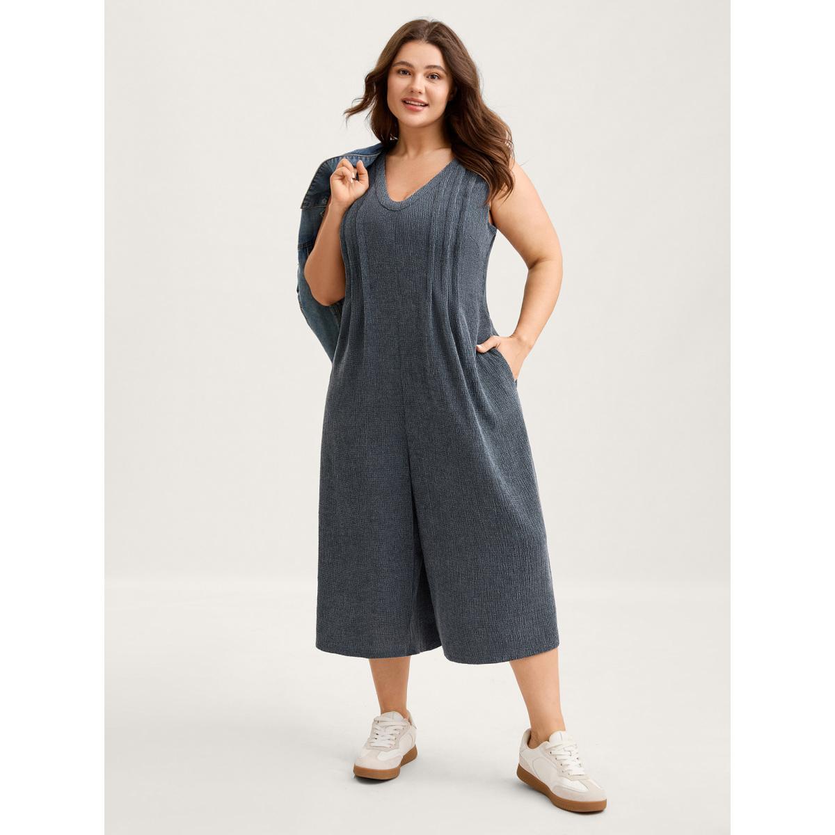 Plus Size Stone Stretchy Textured Pleated Wide-Leg Jumpsuit Women Sleeveless V-neck Casual Loose Jumpsuits BloomChic 22-24/3X Product Image