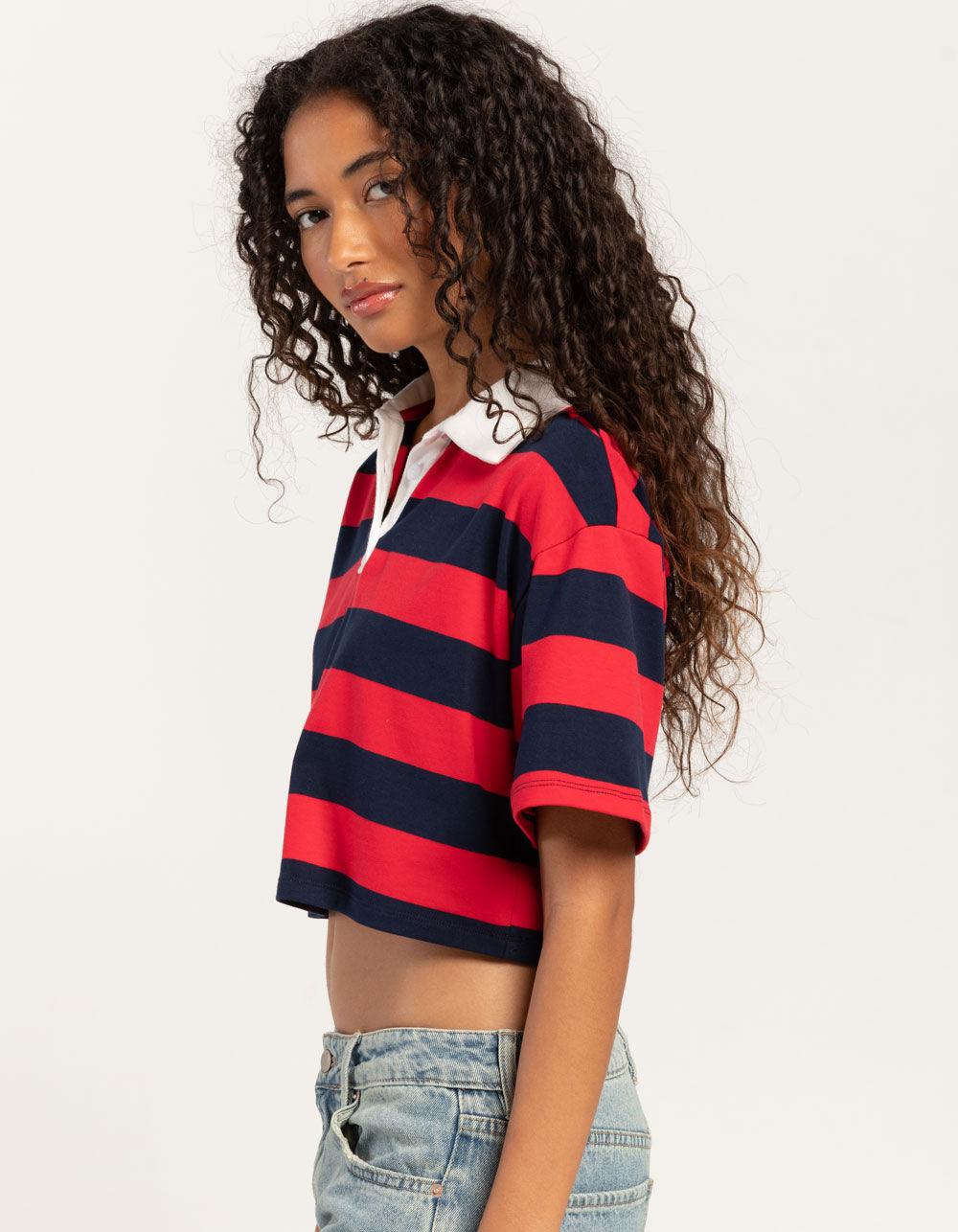 RSQ Womens Stripe Crop Polo Shirt - RED Product Image