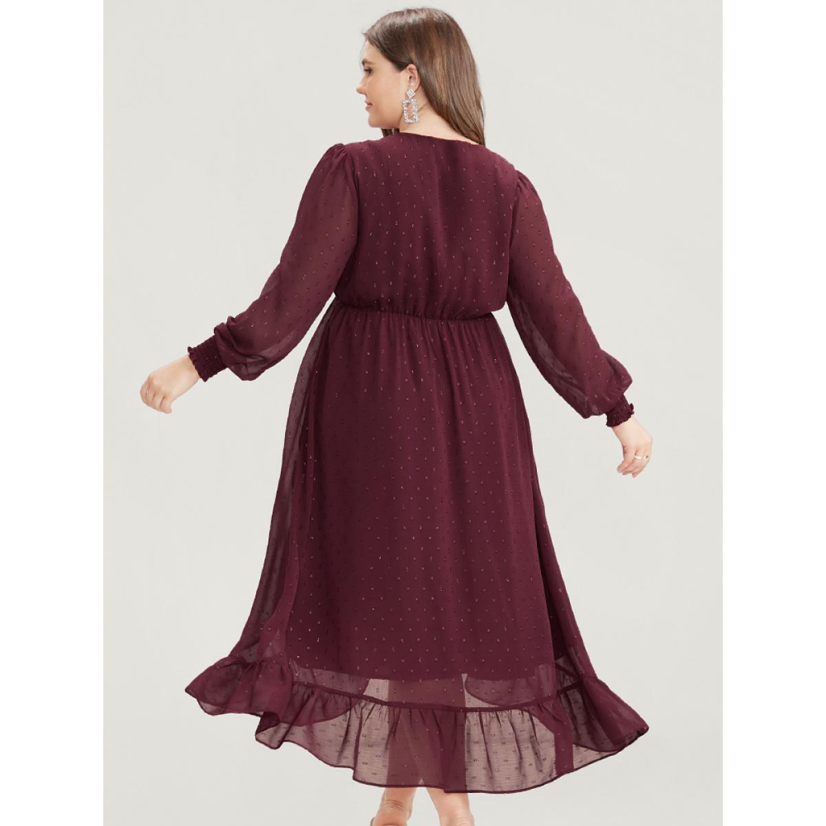 Plus Size Solid Glitter Mesh Lantern Sleeve Shirred Wrap Flutter Hem Dress Burgundy Women Glamour Asymmetrical V-neck Long Sleeve Curvy Midi Dress BloomChic 26/4X Product Image