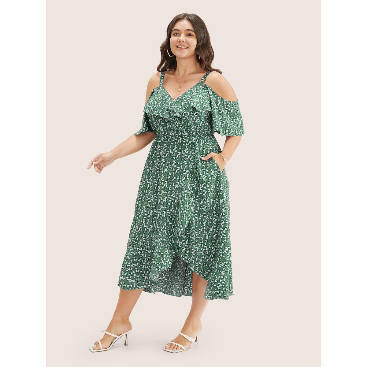 Plus Size Ditsy Floral Pocket Wrap Cold Shoulder Ruffle Dress Green Women Romantic Non Overlap Collar Short sleeve Curvy Midi Dress BloomChic 14-16/1X Product Image