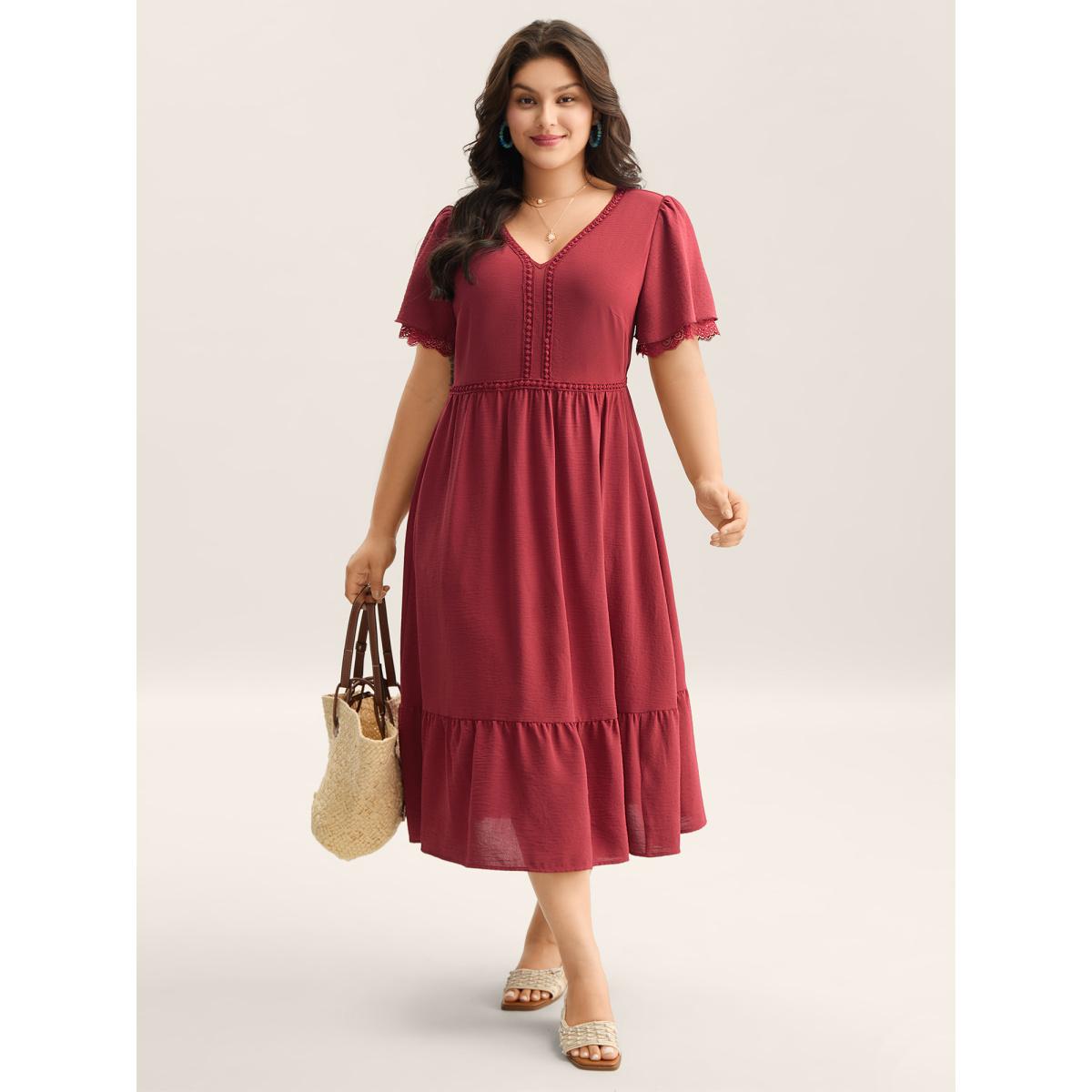 Plus Size Lace Trim Neck Sheer Pockets Maxi Dress Rust Women V-neck Short sleeve Curvy BloomChic 12/L Product Image