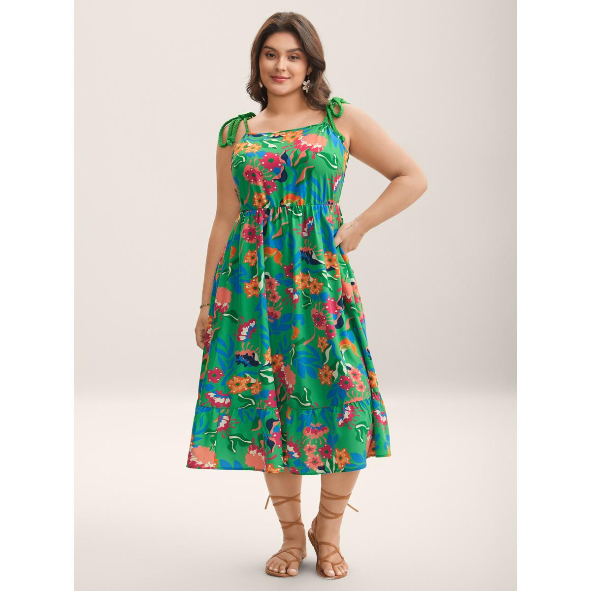 Plus Size Floral Print Braided Shoulder Straps Midi Dress Truegreen Women Non Sleeveless Curvy BloomChic 18-20/2X Product Image
