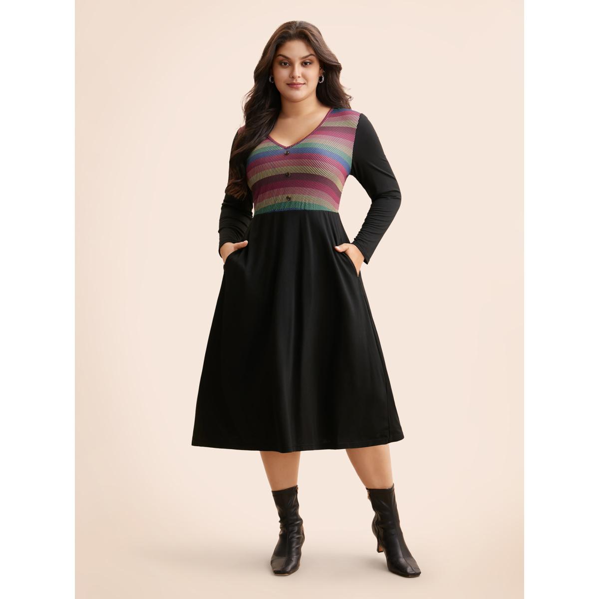 Plus Size Contrast Striped Button Detail Midi Dress Black Women Elegant Contrast V-neck Long Sleeve Curvy BloomChic 26/4X Product Image